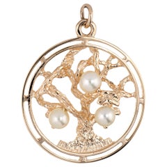 Tree of Life Pearl Pendant Charm Vintage 14 Karat Yellow Gold Fine Jewelry Round