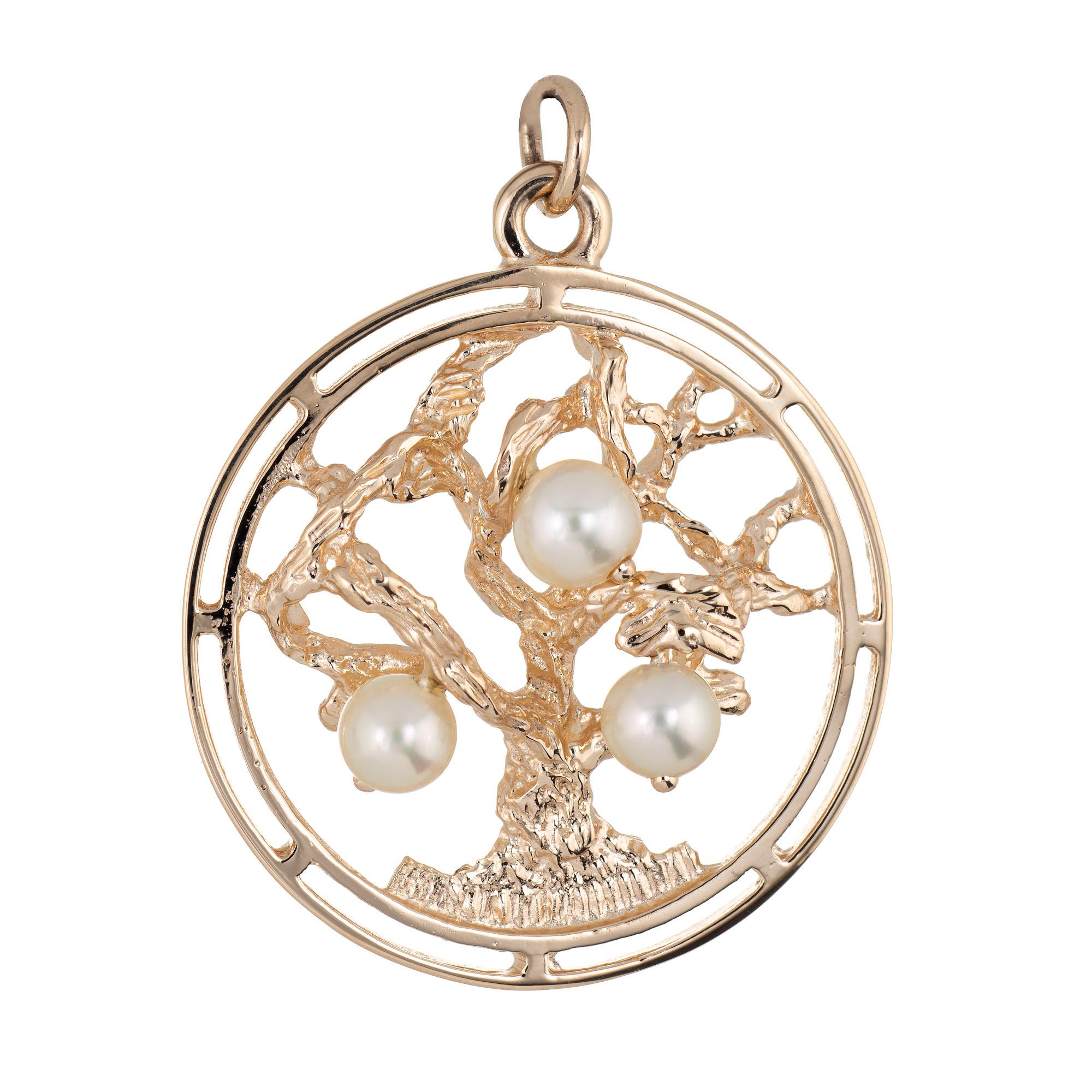 Modern Tree of Life Pearl Pendant Charm Vintage 14 Karat Yellow Gold Fine Jewelry Round