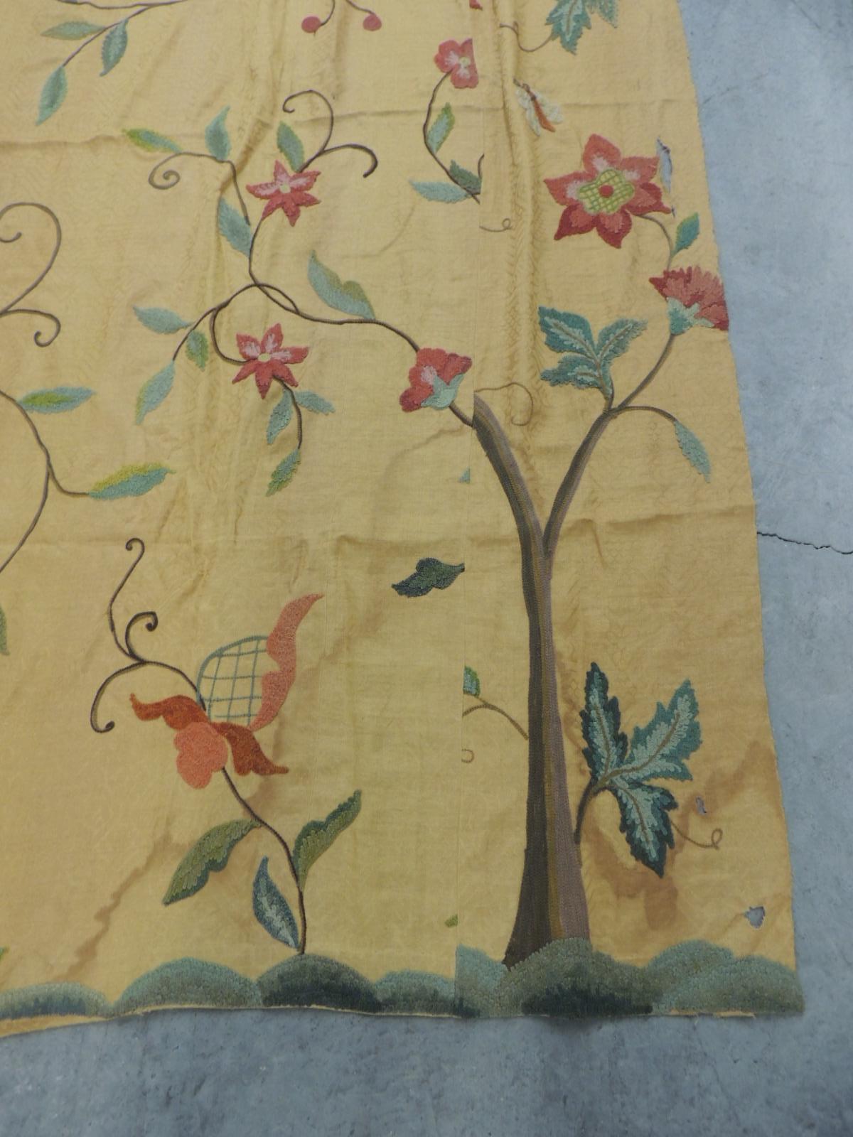 Suzani Tree of Life Textile Crewelwork Panel in Gold Color Embroidered Damask