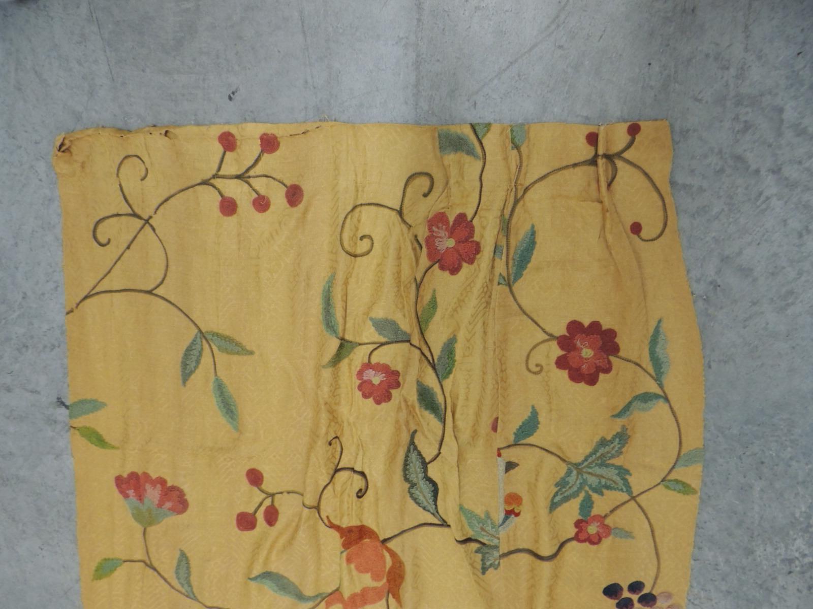 Hand-Crafted Tree of Life Textile Crewelwork Panel in Gold Color Embroidered Damask