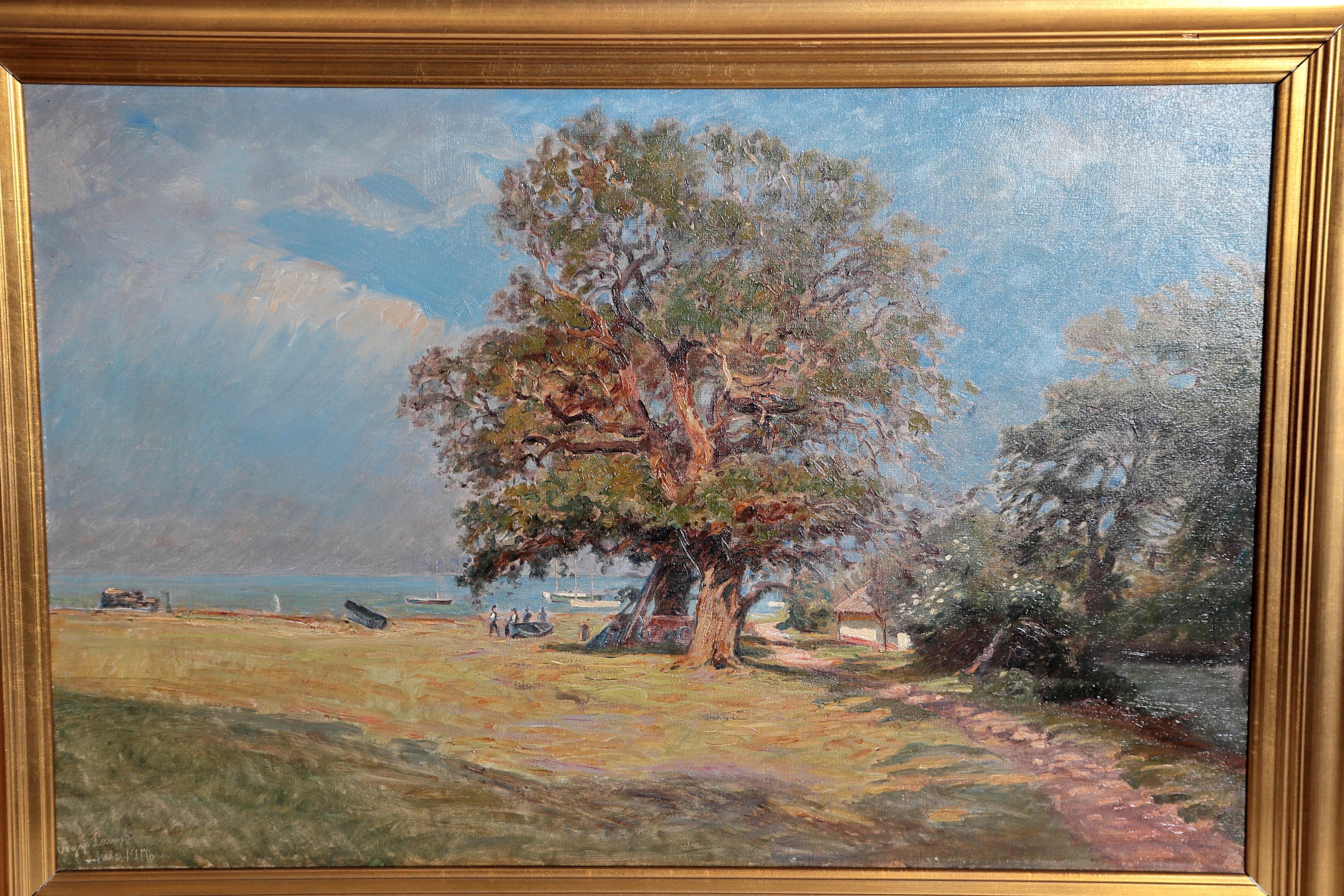 a European landscape painting with blue sky, large leafy tree, and figures near a body of water, by Olaf Viggo Peter Langer (1860-1942) signed and dated lower left, Viggo Langer, Juli 1916 (JULY 1916)

Image only: 18