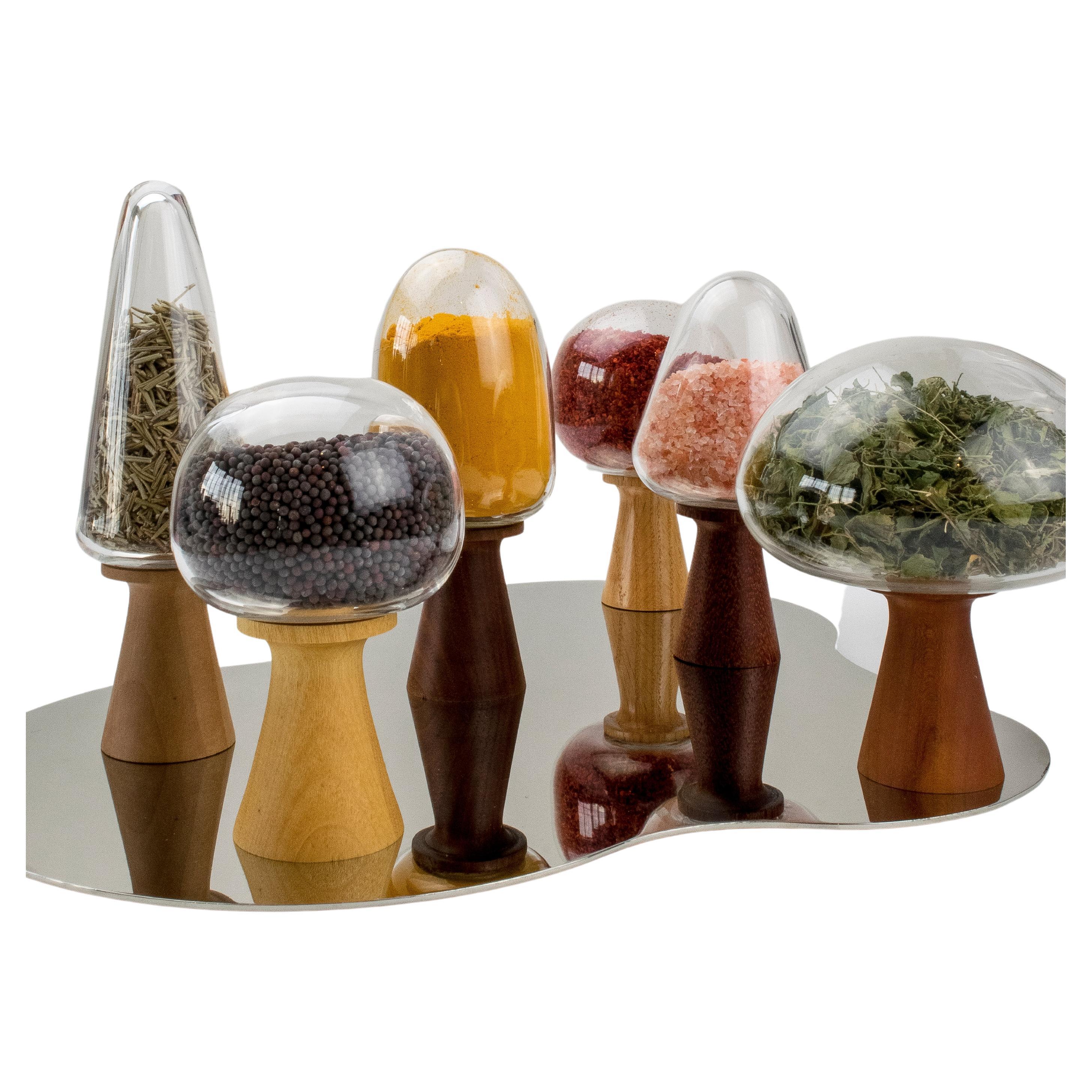 Tree Story Spice Containers Set - Lead-Free Handblown Glass and Hand-turned Wood For Sale