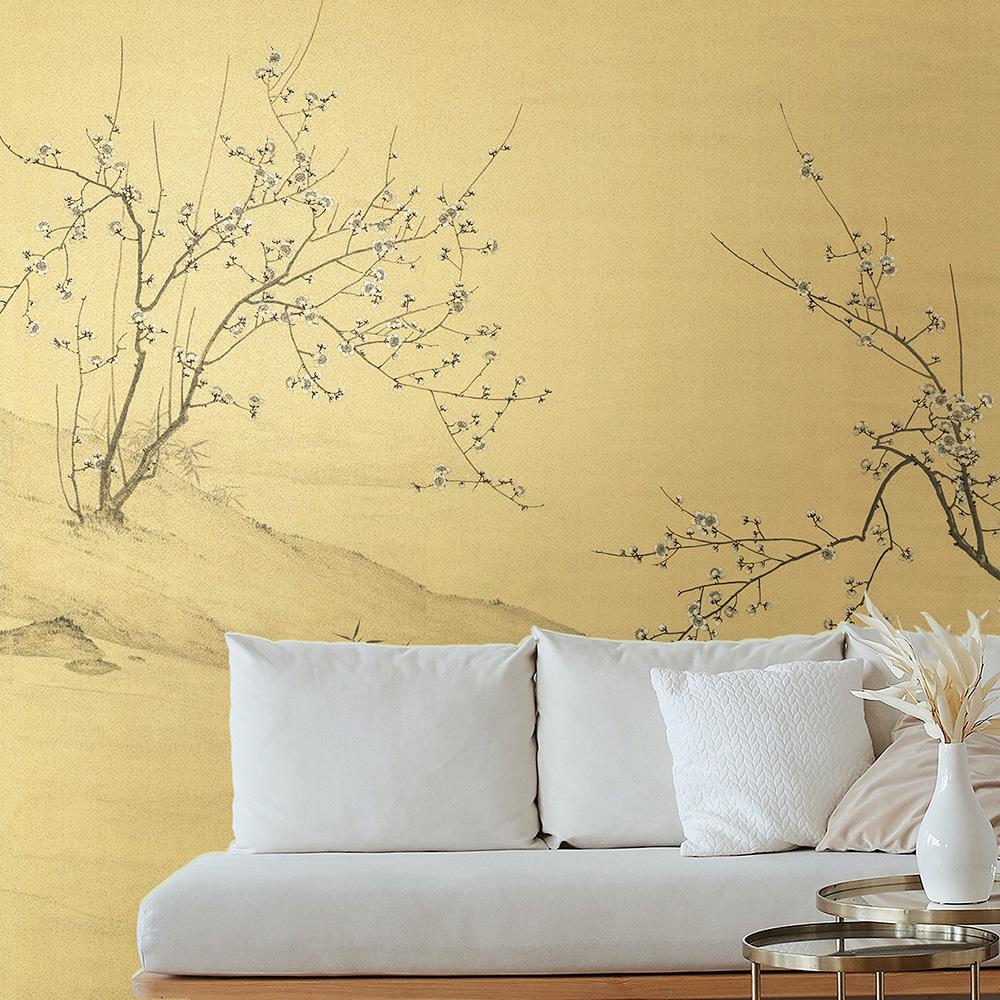 Tree Stream is a beautiful chinoiserie mural wallpaper panel Inspired by Japanese ink wash painting. This Mural Source design can add visual interest to a bedroom, living room, or any room in your apartment or home. This mural has 6 three foot wide