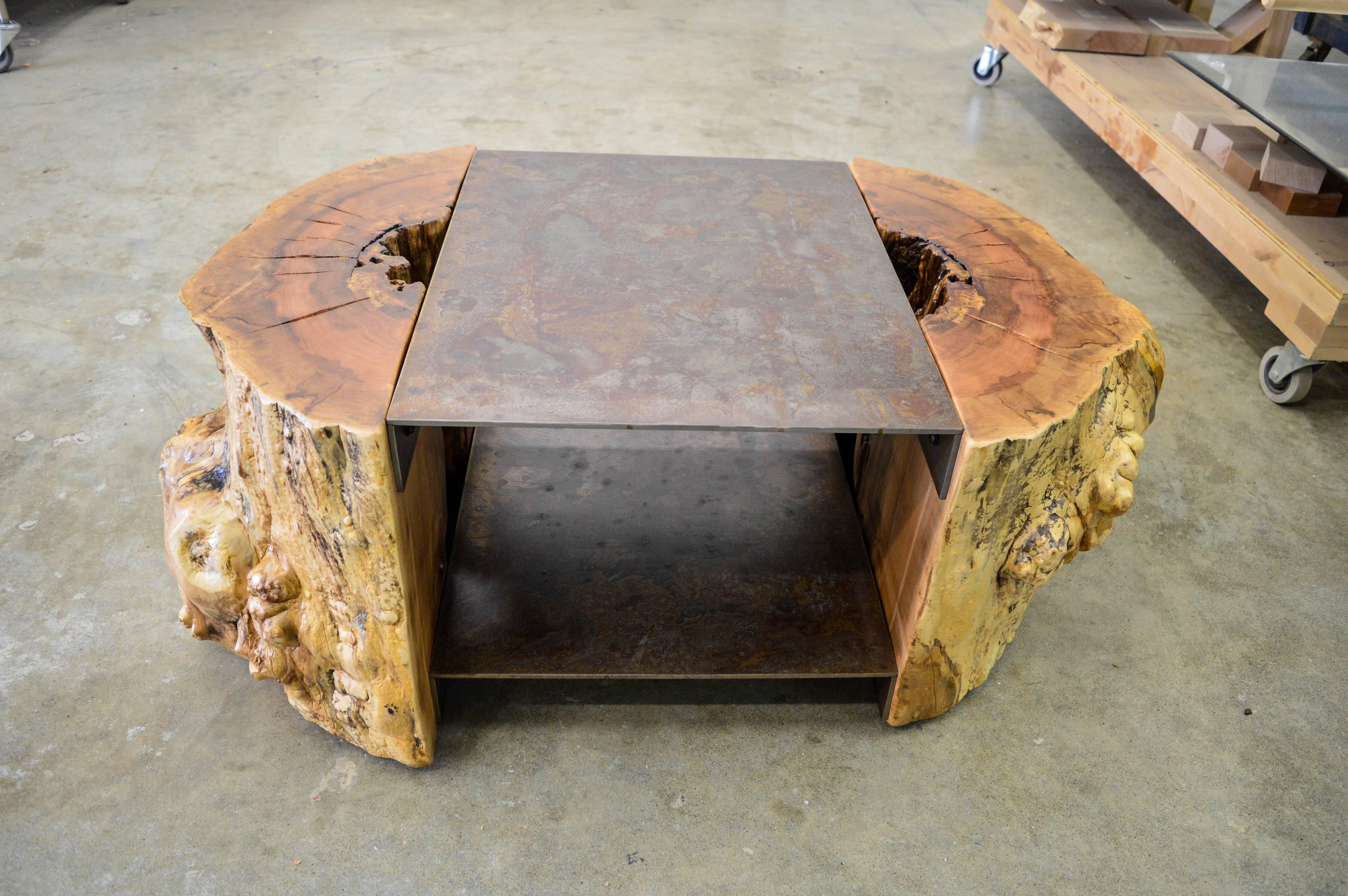 We often come across interestingly shaped chunks of maple trees that do not lend themselves to being turned into a slab but rather a stunningly unique piece of furniture. We call them 'Funky Chunks' and give them the full Live Edge treatment, often
