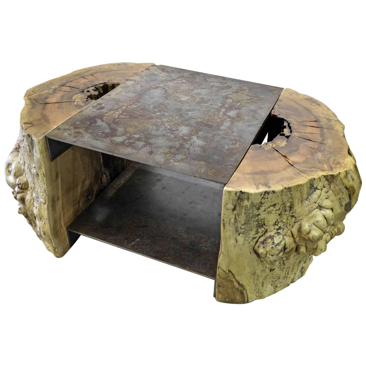 Tree Stump and Steel Coffee Table For Sale