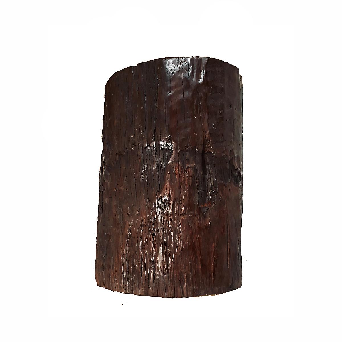 A solid wood tree trunk repurposed into a singular end or side table. 
Dark brown finish, polished smooth top. Naturally carved opening on top. 
Can also be used as a stool or pedestal. 
 