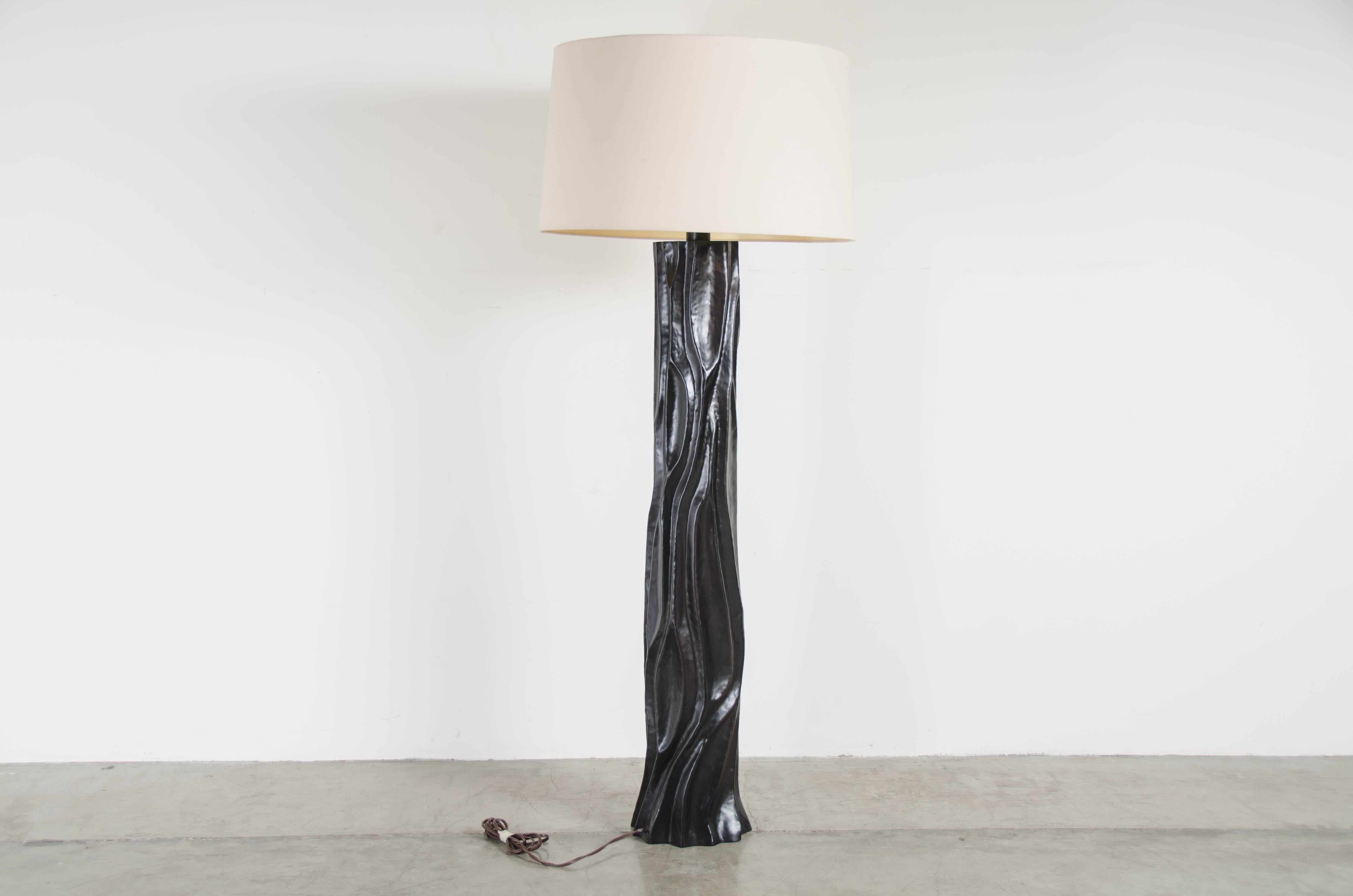 Tree Trunk Floor Lamp, Black Copper by Robert Kuo, Hand Repousse, Limited In New Condition In Los Angeles, CA