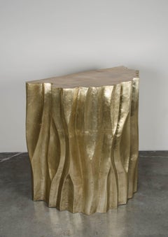 Tree Trunk Half Round Table, Brass by Robert Kuo, Hand Repousse, Limited Edition
