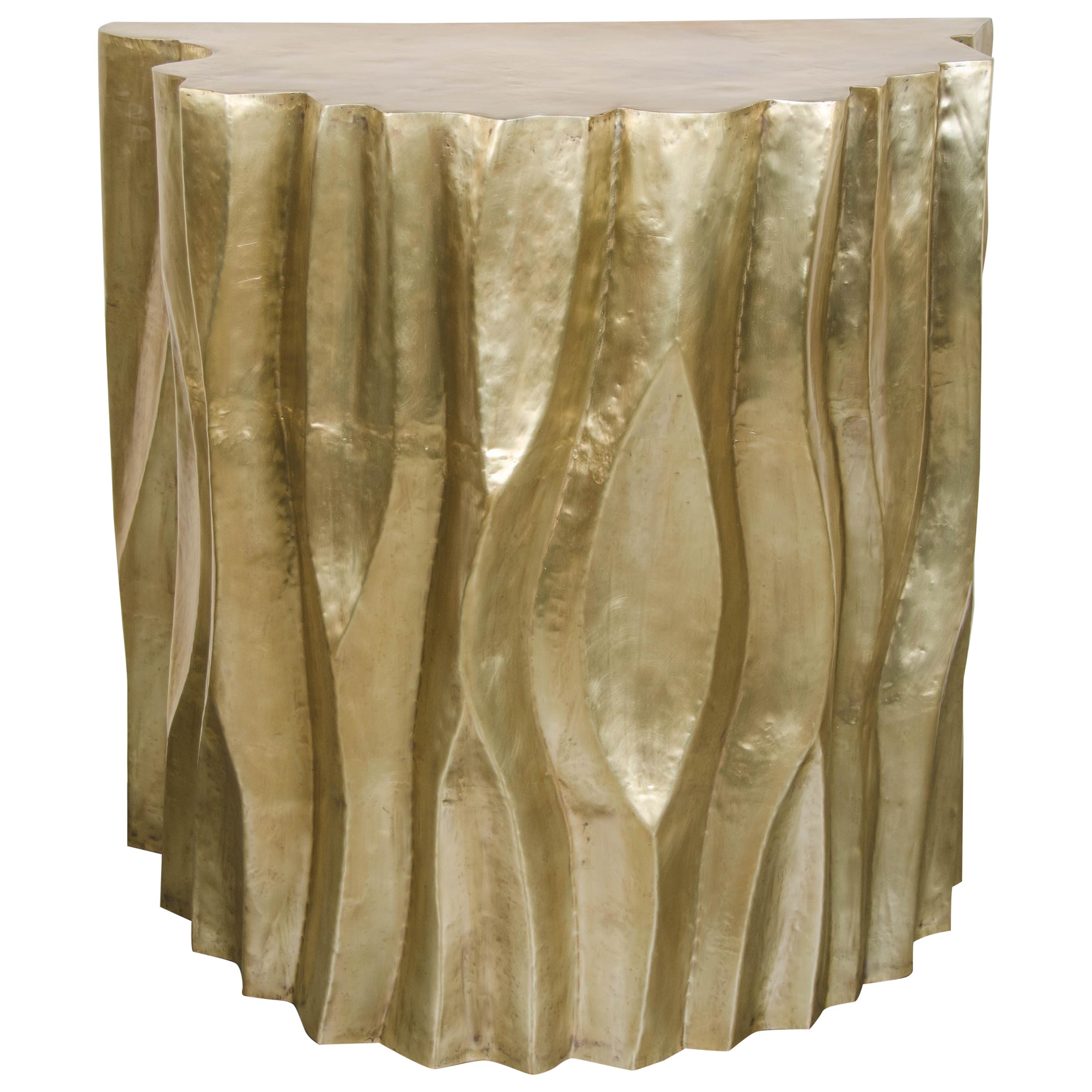 Tree Trunk Half Round Table, Brass by Robert Kuo, Hand Repousse, Limited Edition For Sale