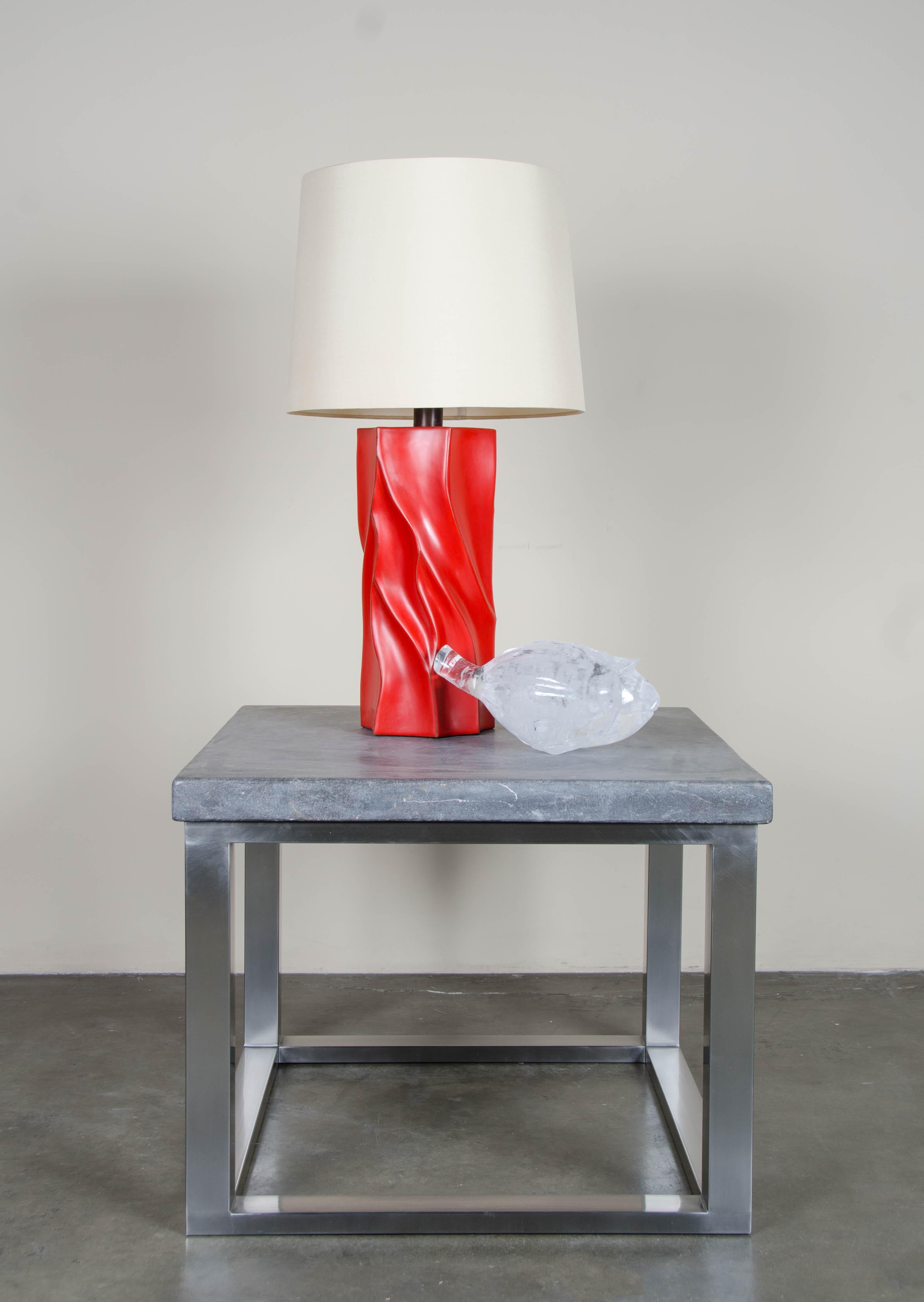 Repoussé Tree Trunk Lamp in Red Lacquer by Robert Kuo, Limited Edition For Sale