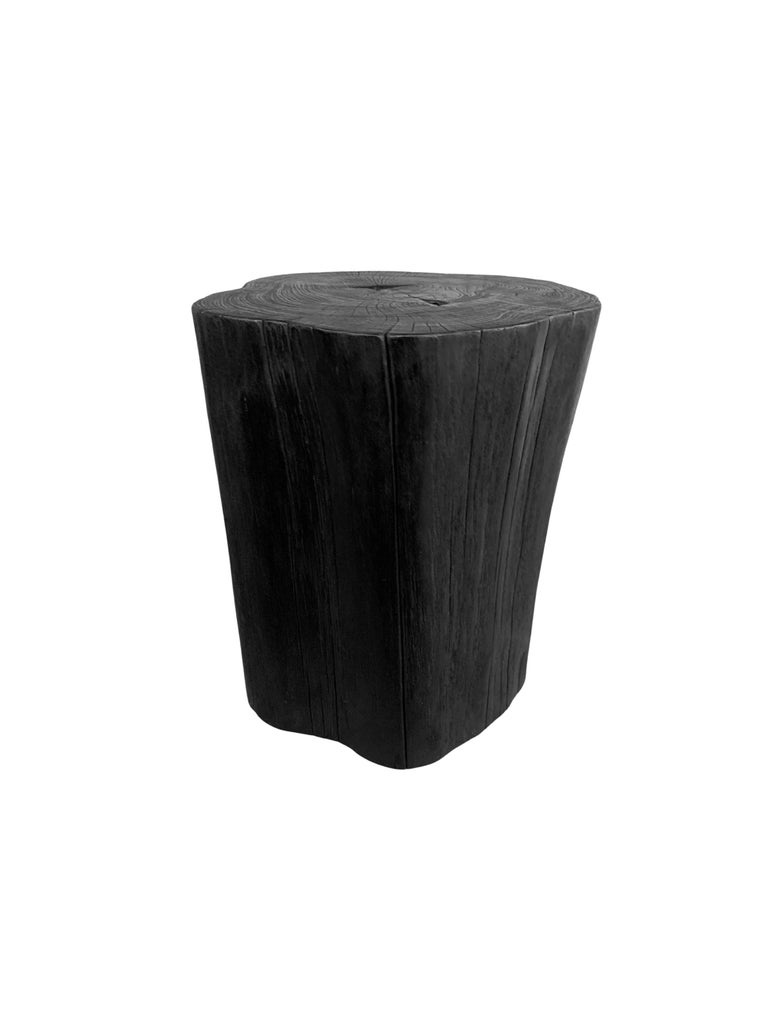 Hand-Crafted Tree Trunk Side Table Solid Teak Wood Burnt Finish Modern Organic For Sale