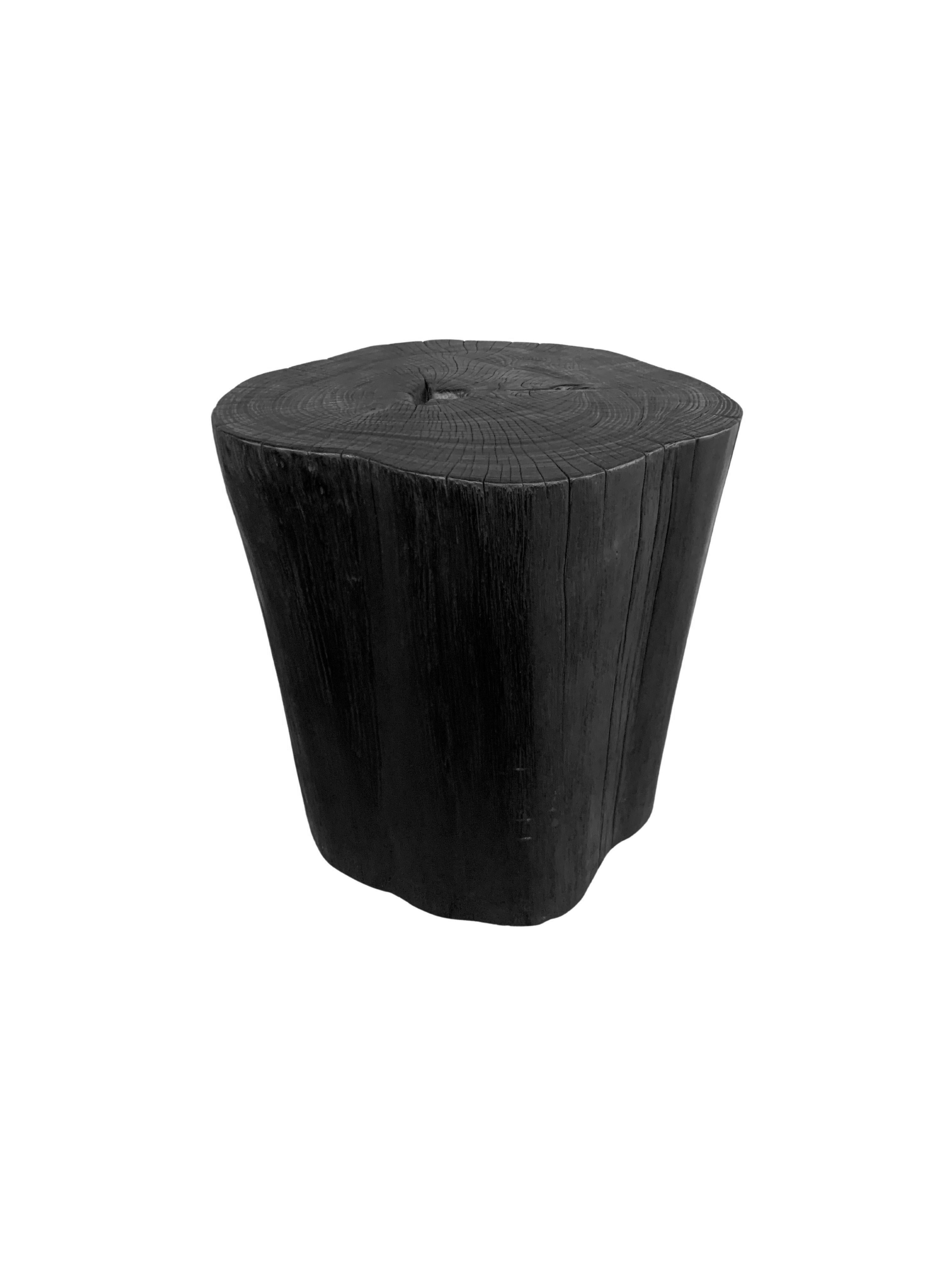 Contemporary Tree Trunk Side Table Solid Teak Wood Burnt Finish Modern Organic For Sale