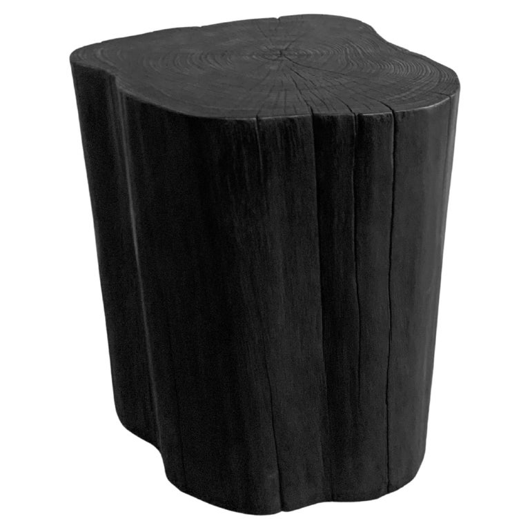 Tree Trunk Side Table Solid Teak Wood Burnt Finish Modern Organic For Sale