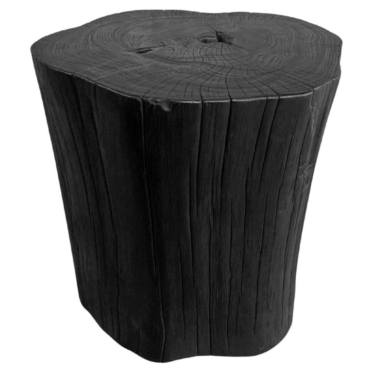 Tree Trunk Side Table Solid Teak Wood Burnt Finish Modern Organic For Sale