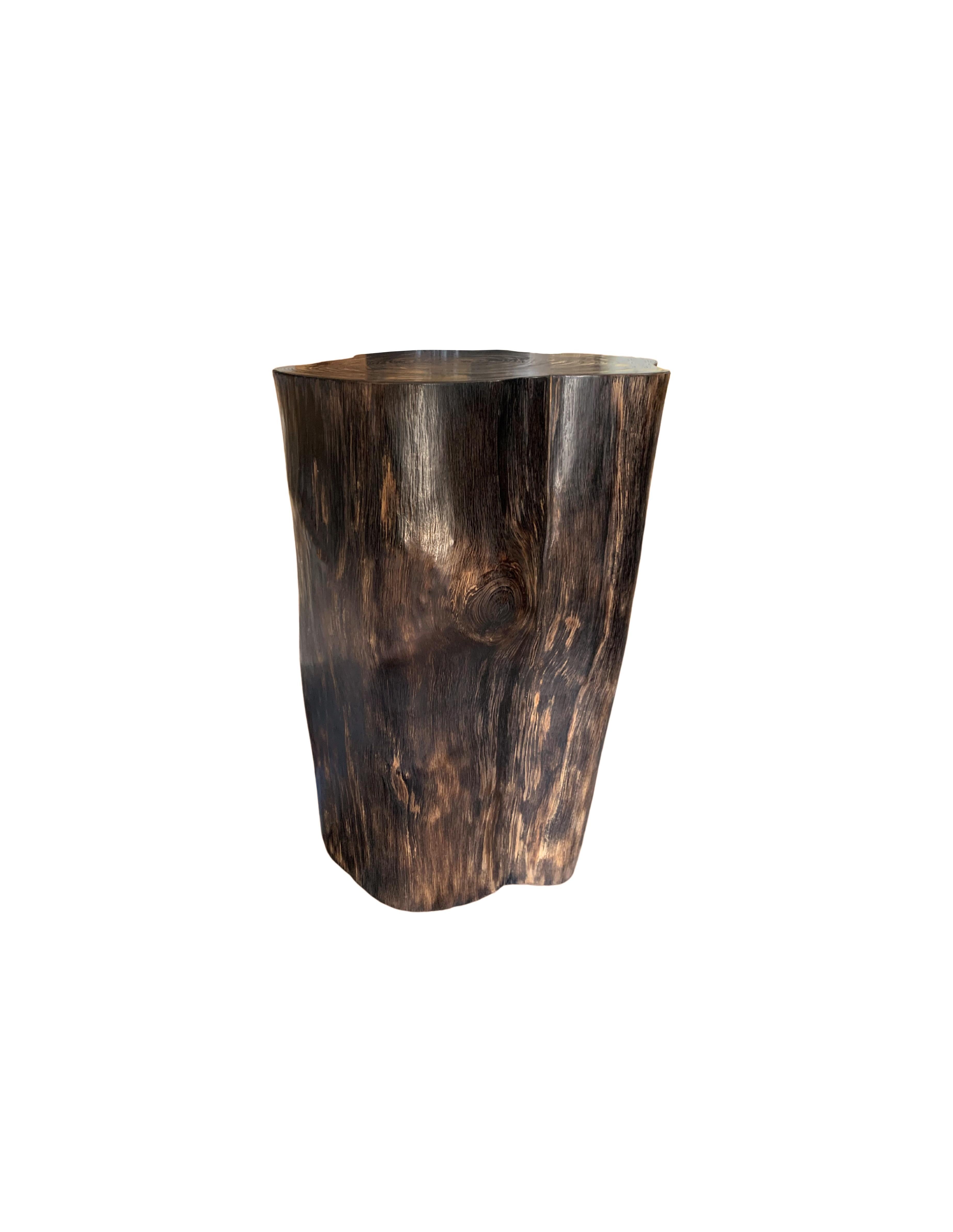 Une table d'appoint ronde merveilleusement organique. Son pigment neutre et sa subtile texture de bois en font un produit parfait pour tout espace. Cette table a été fabriquée à partir d'un tronc massif de bois de manguier. Le mélange de teintes et