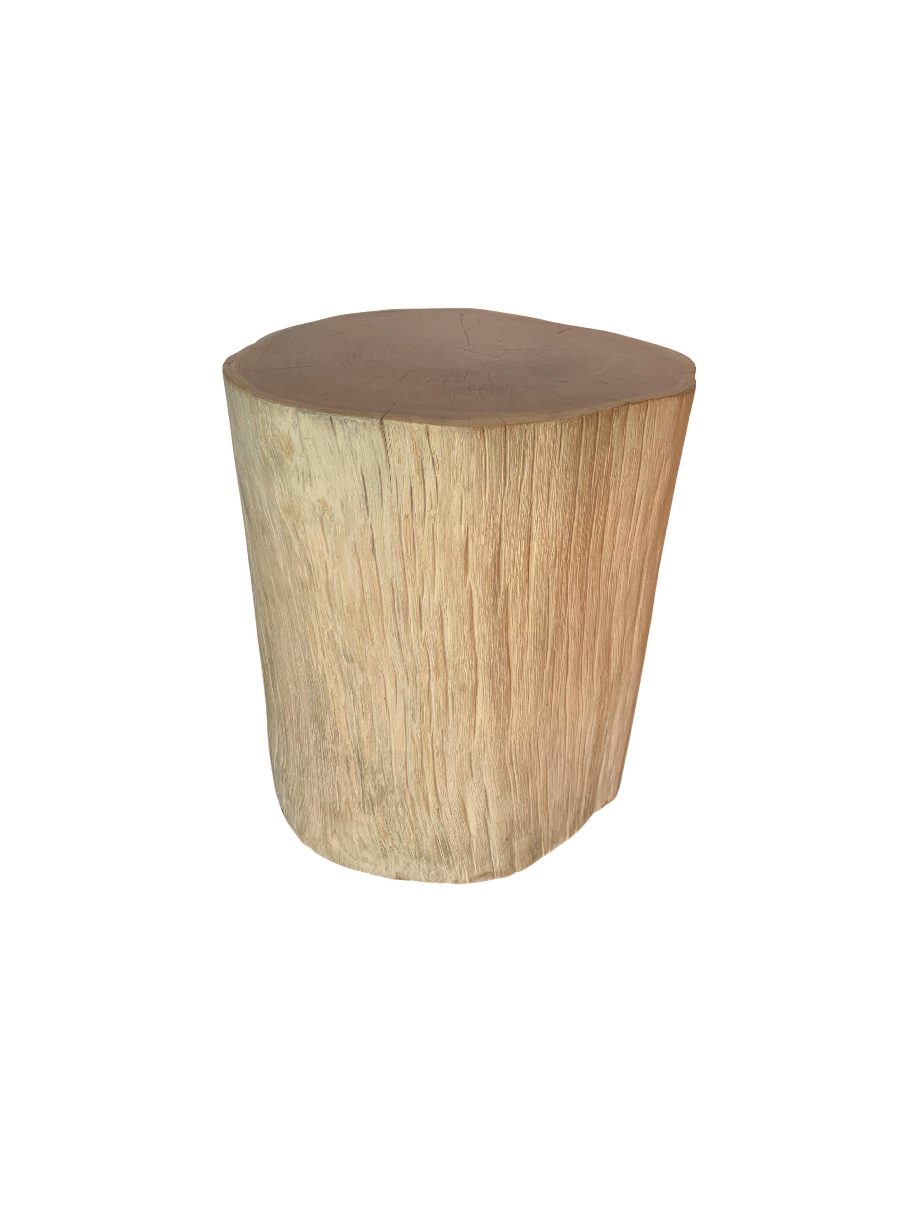 Indonesian Tree Trunk Side Table Solid Teak Wood Bleached Finish Modern Organic For Sale