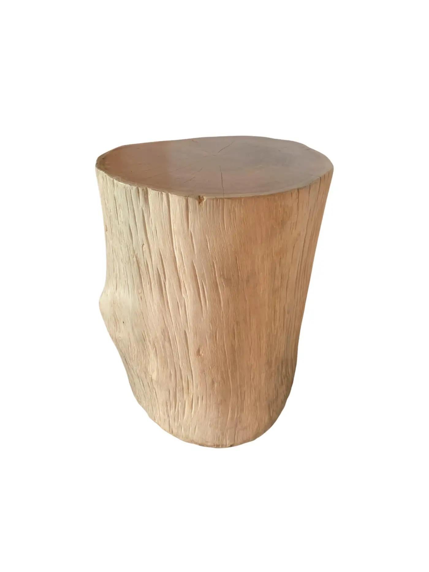 Indonesian Tree Trunk Side Table Solid Teak Wood Bleached Finish Modern Organic For Sale