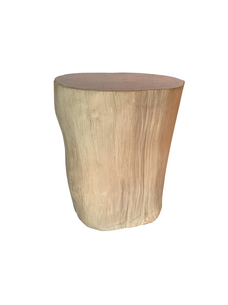 Hand-Crafted Tree Trunk Side Table Solid Teak Wood Bleached Finish Modern Organic For Sale