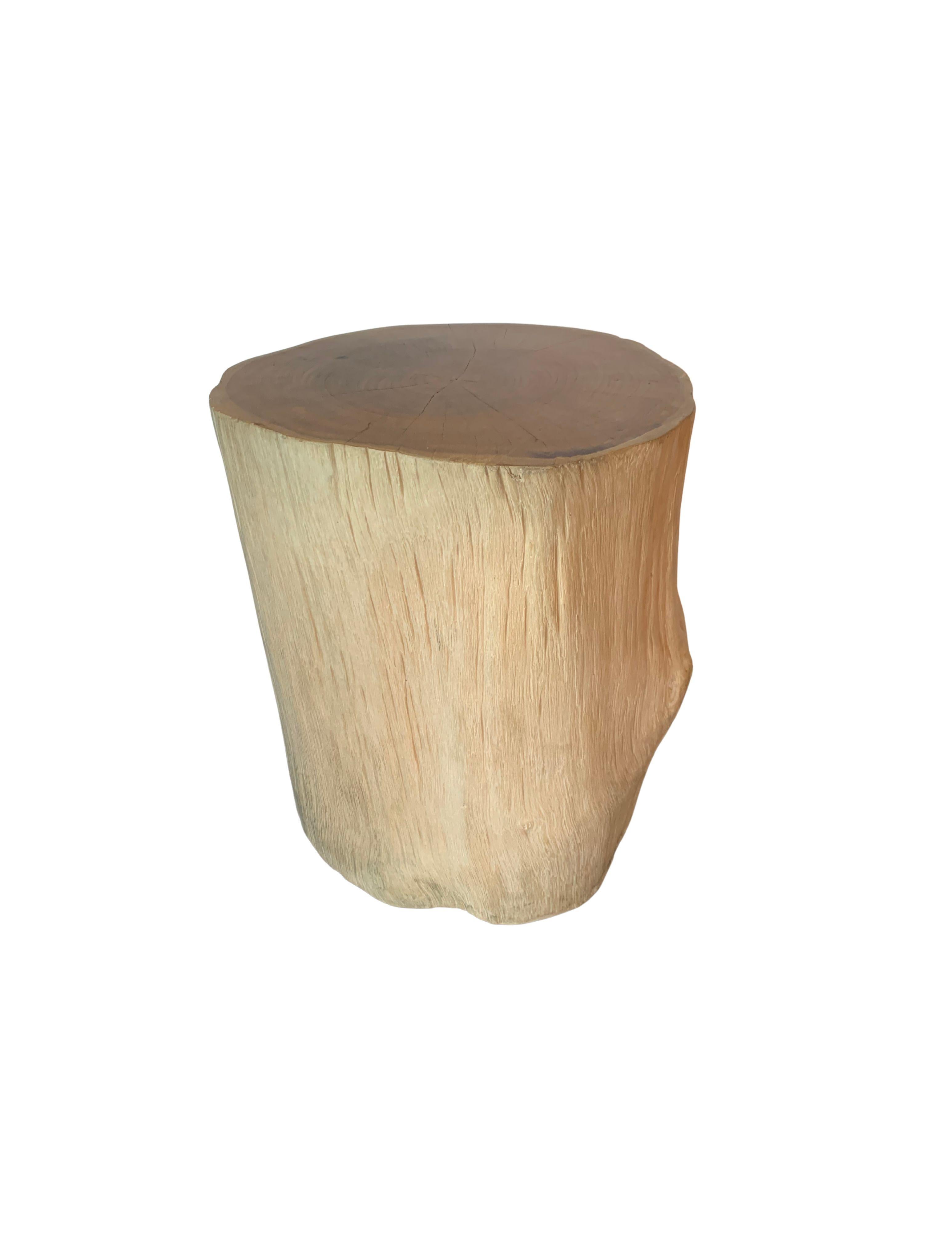 Contemporary Tree Trunk Side Table Solid Teak Wood Bleached Finish Modern Organic For Sale