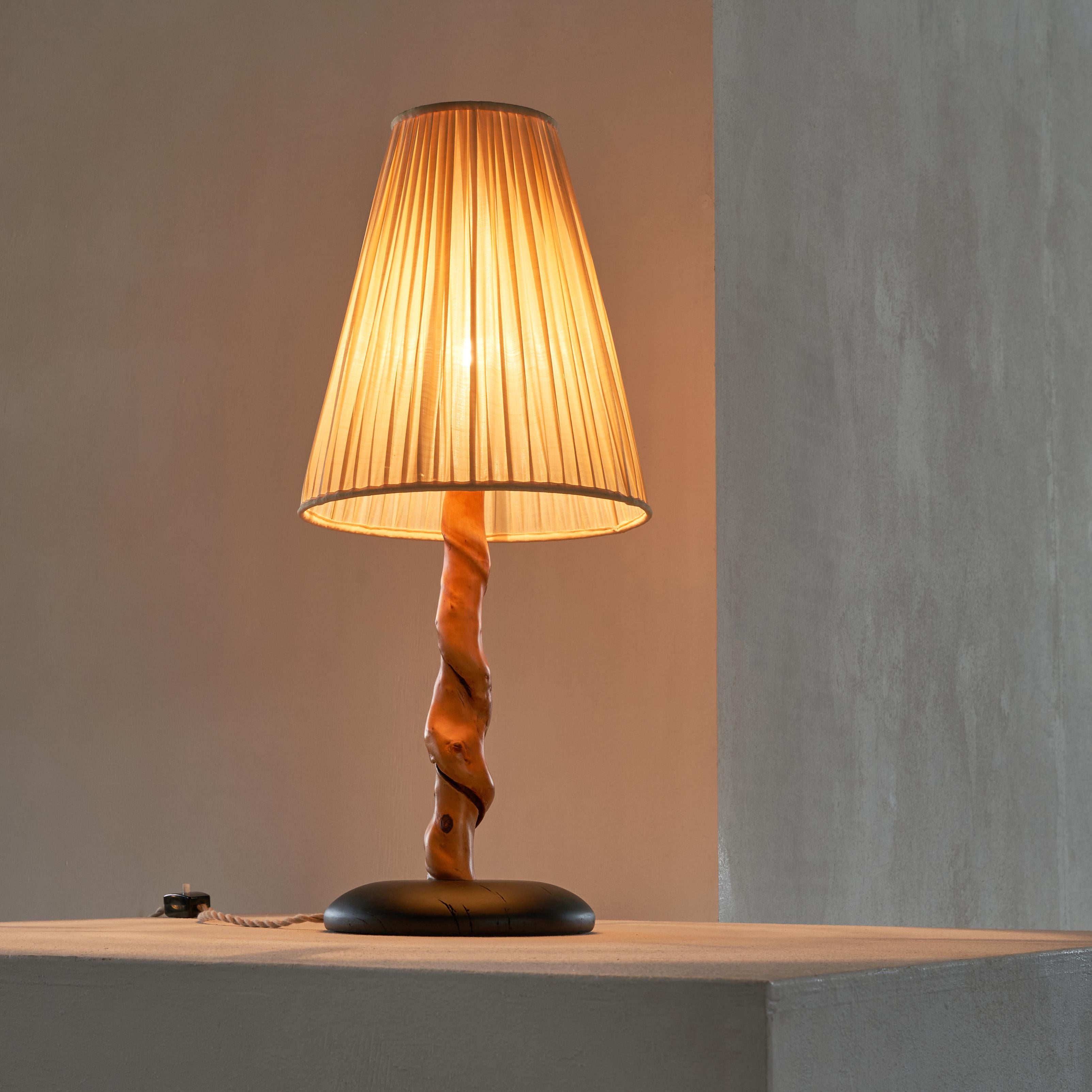 European Tree Trunk Table Lamp in Acacia, Oak and Linen, 1950s For Sale