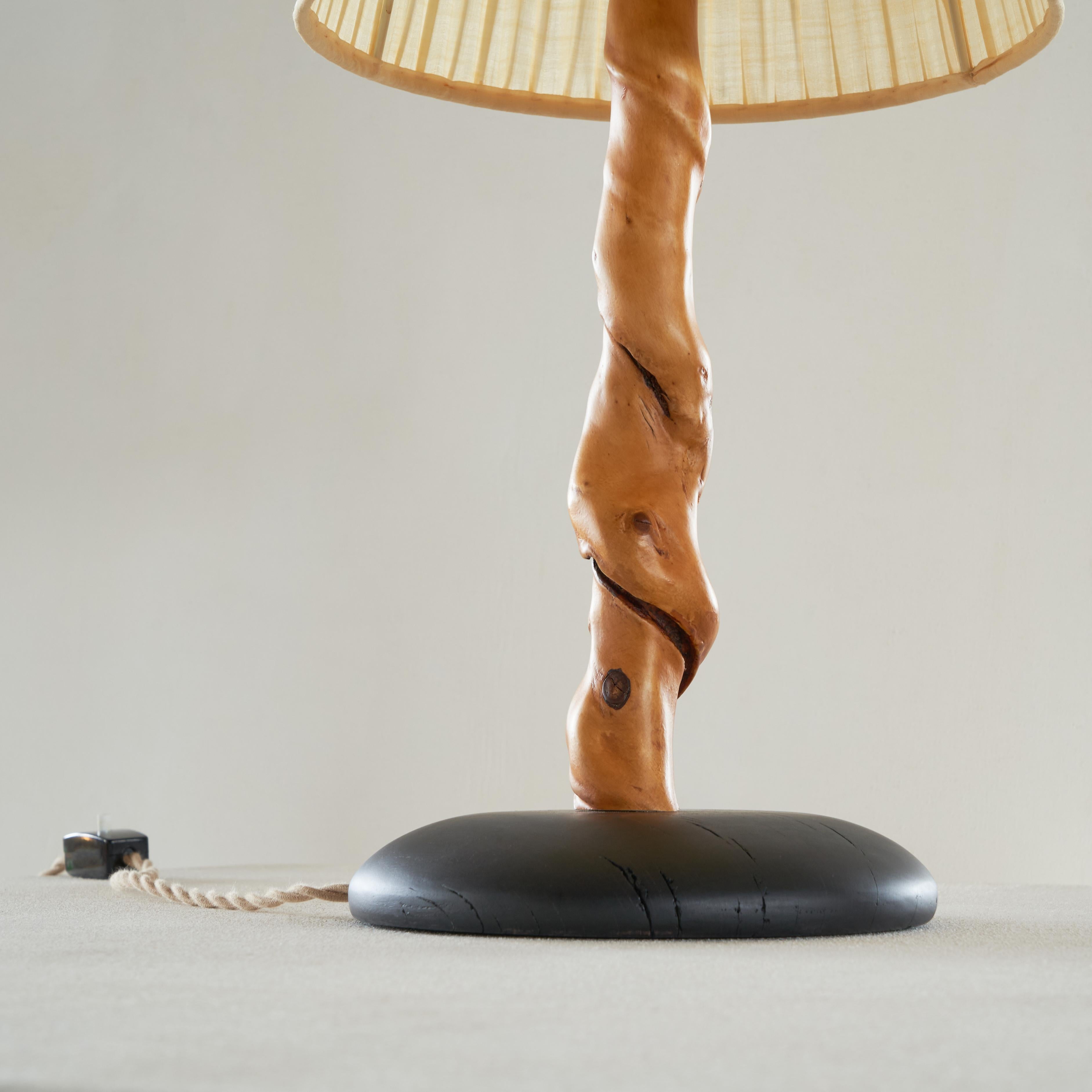 Hand-Crafted Tree Trunk Table Lamp in Acacia, Oak and Linen, 1950s For Sale