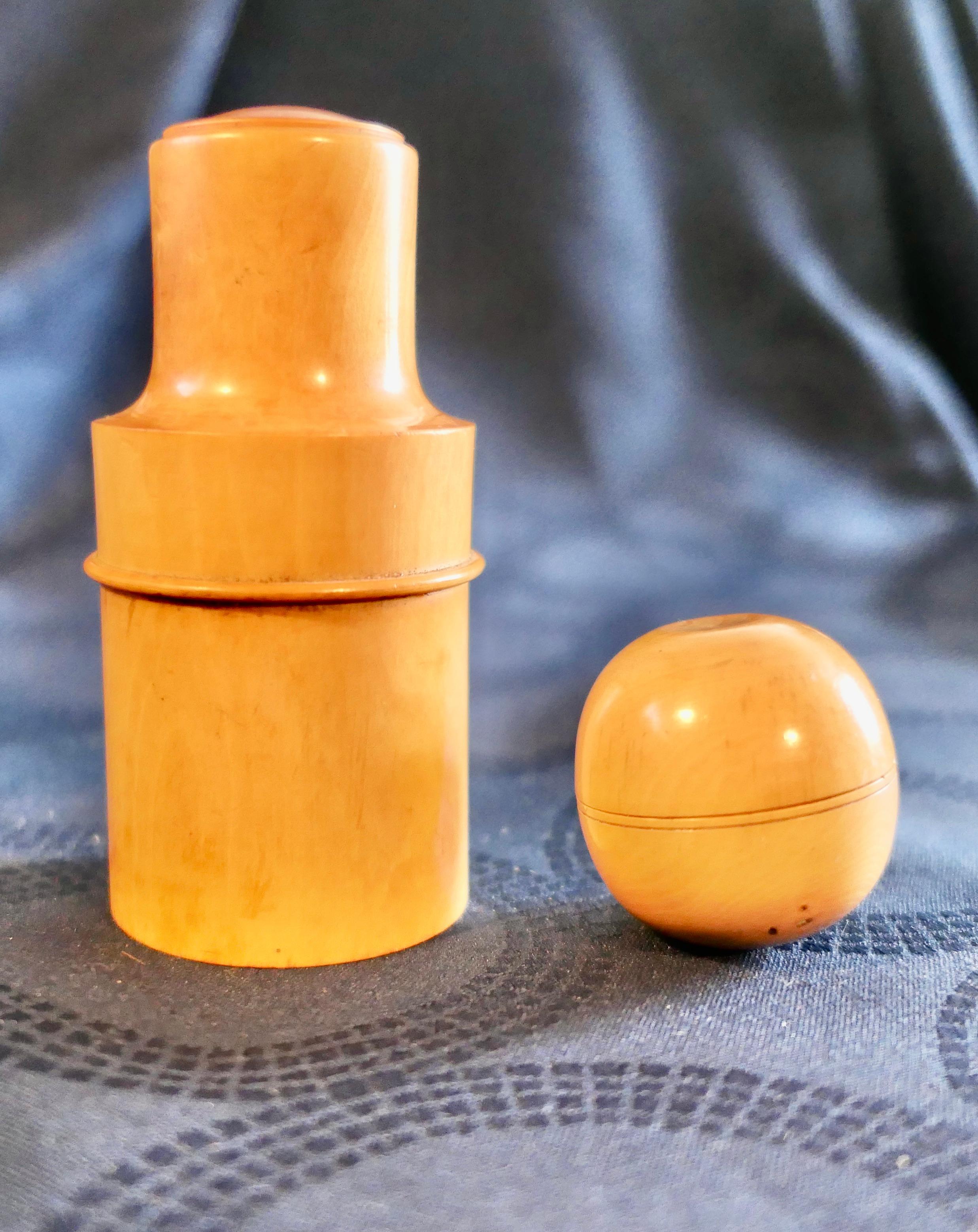 Treen Apothecary’s Bottle and Spherical Thimble Box in Sycamore 

Made in the 19th century, skilfully turned from Sycamore, these superb pieces would be used by the pharmacist and the seamstress to keep her thimble safe
The Bottle Container is  4”
