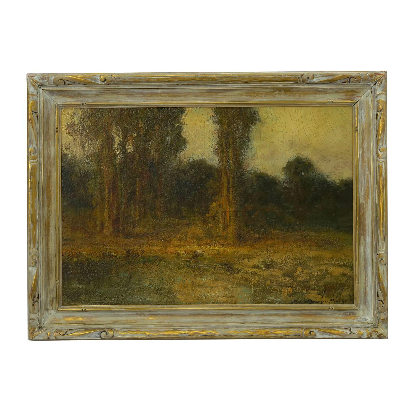 A fine and rare landscape painting by early California artist Ralph Davison Miller (circa 1858-1945). With a chaotic heavy impasto in his brush stroke, Miller brings to life a glade with tall trees before a pool of water. The scene is enlivened with