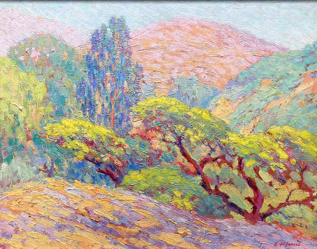 A brilliant example of California Impressionist painting, this view of the East Bay hills shimmering in pink, purple, jade and periwinkle, with scrubby trees in bonsai shapes in the foreground, was made by Edwin James Pond in the 1920s. Pond's