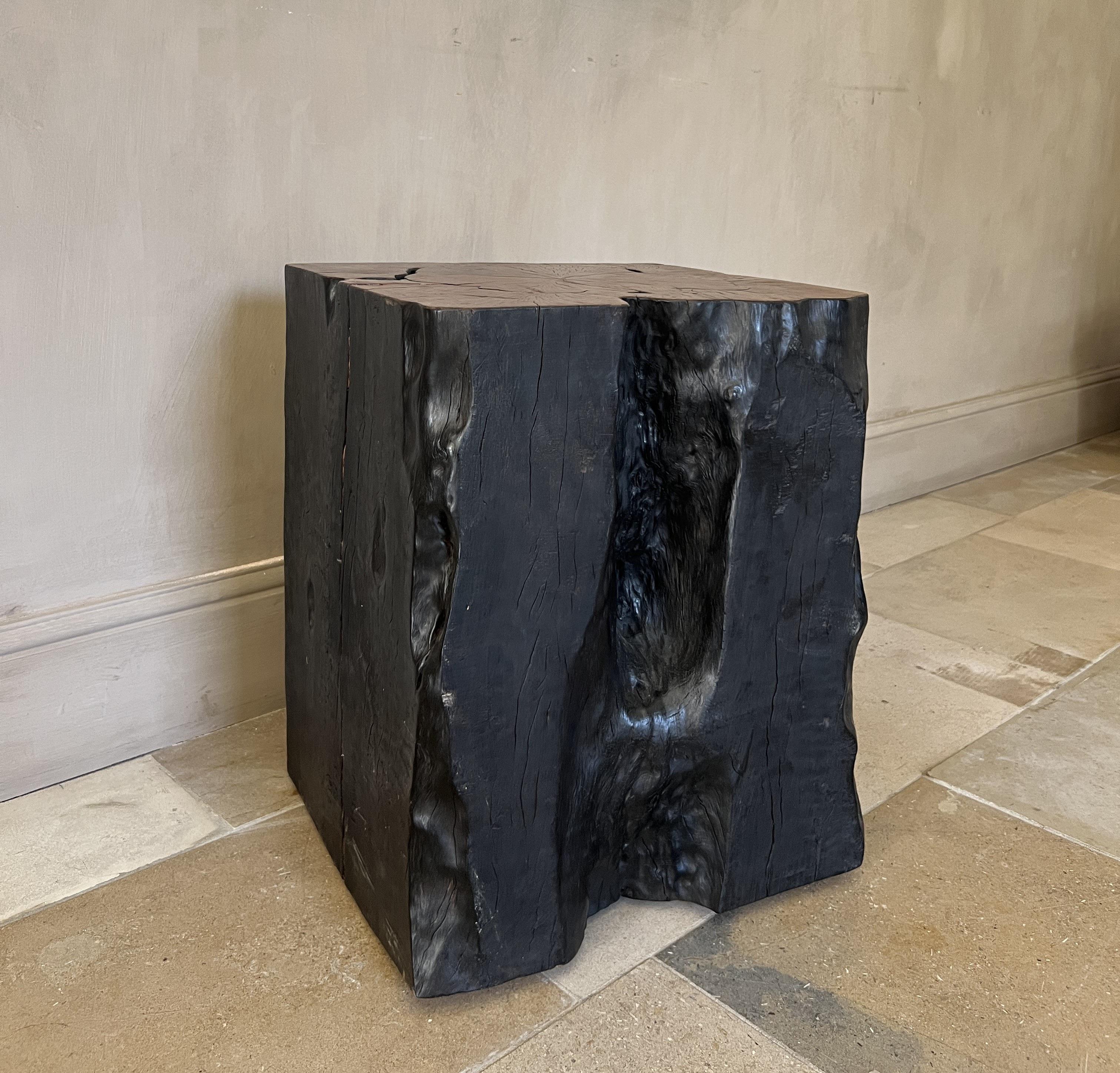 Nous avons trouvé cette magnifique souche de bois de litchi et avons décidé d'en souligner les lignes organiques en la brûlant en noir. Ainsi, la partie supérieure contrastée fait ressortir le grain de l'arbre. Une table d'appoint très robuste avec