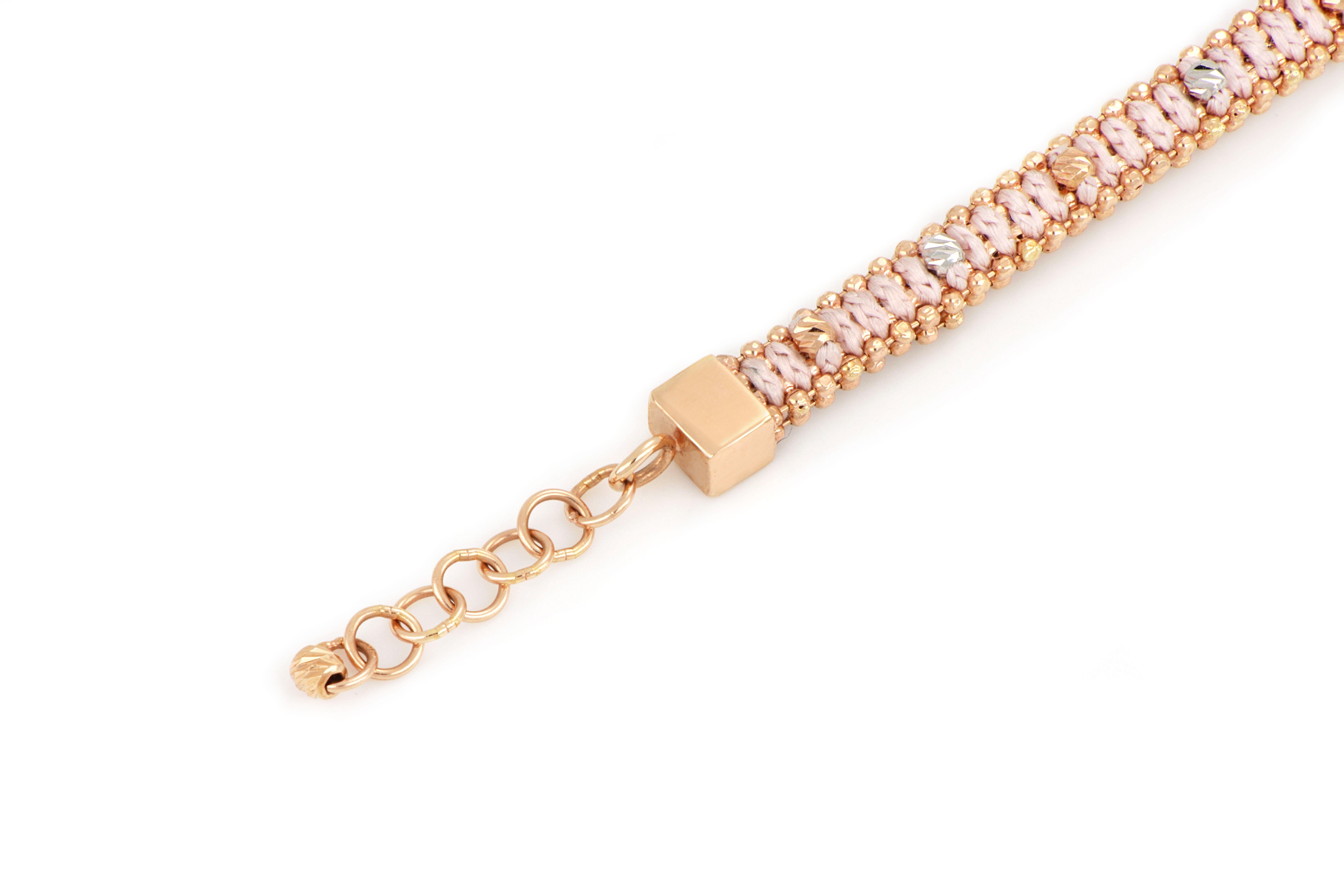 Treesure 18 Kt Rose Gold and Pink Pure Silk Bracelet with Diamond Cutted Beads In New Condition For Sale In Nove, Veneto