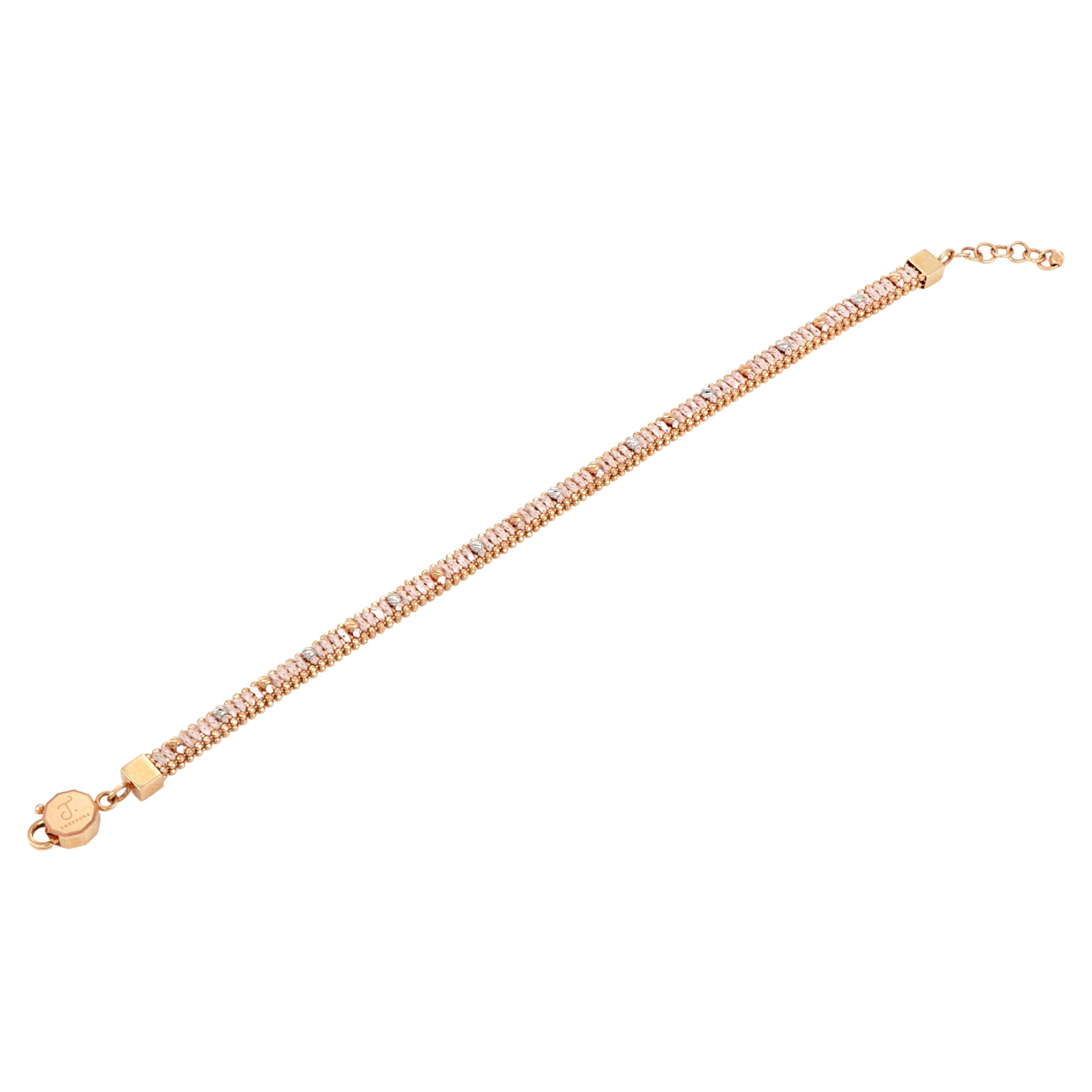 Treesure 18 Kt Rose Gold and Pink Pure Silk Bracelet with Diamond Cutted Beads For Sale