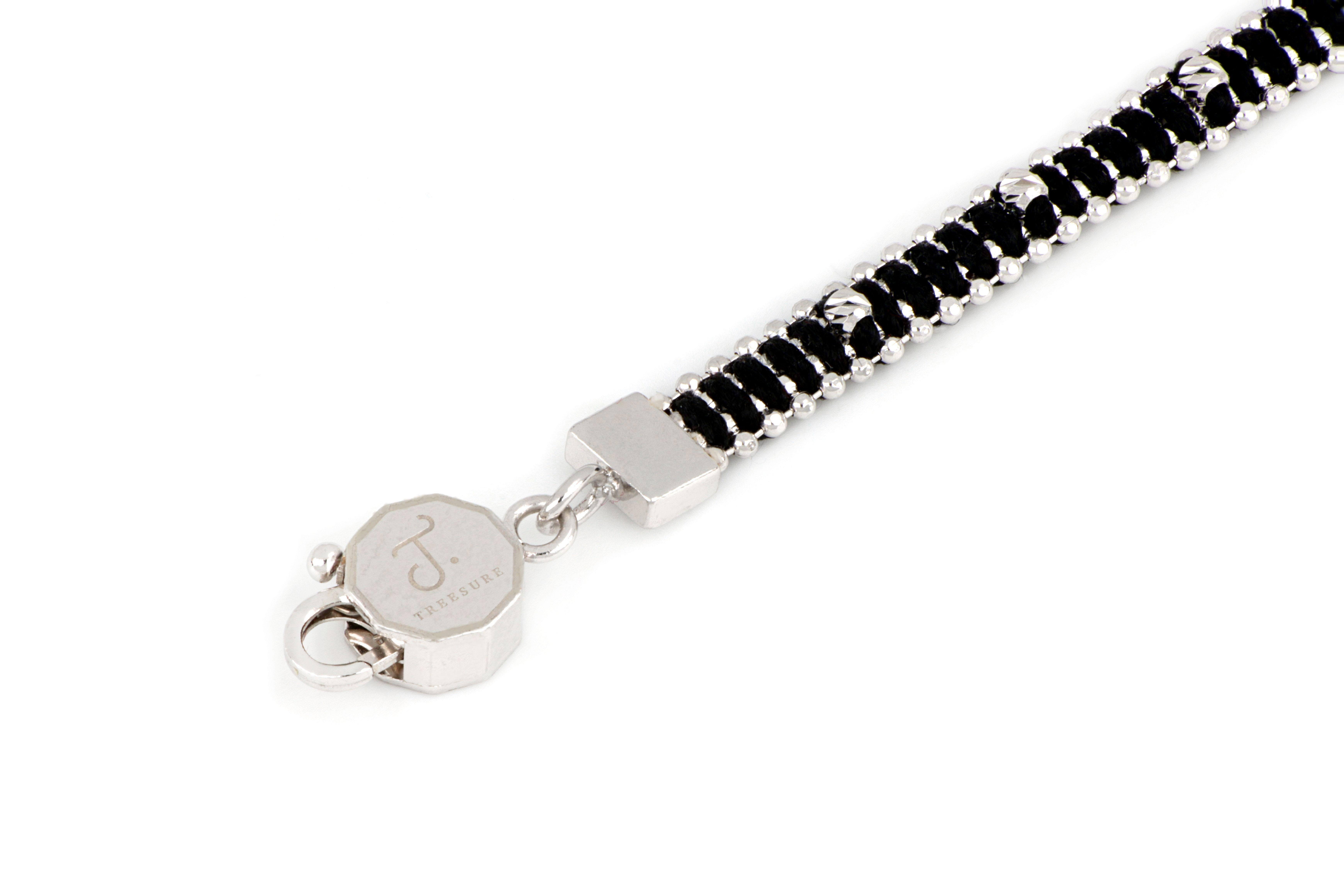 Modern Treesure 18 Kt White Gold and Black Pure Silk Bracelet with Diamond Cutted Beads For Sale