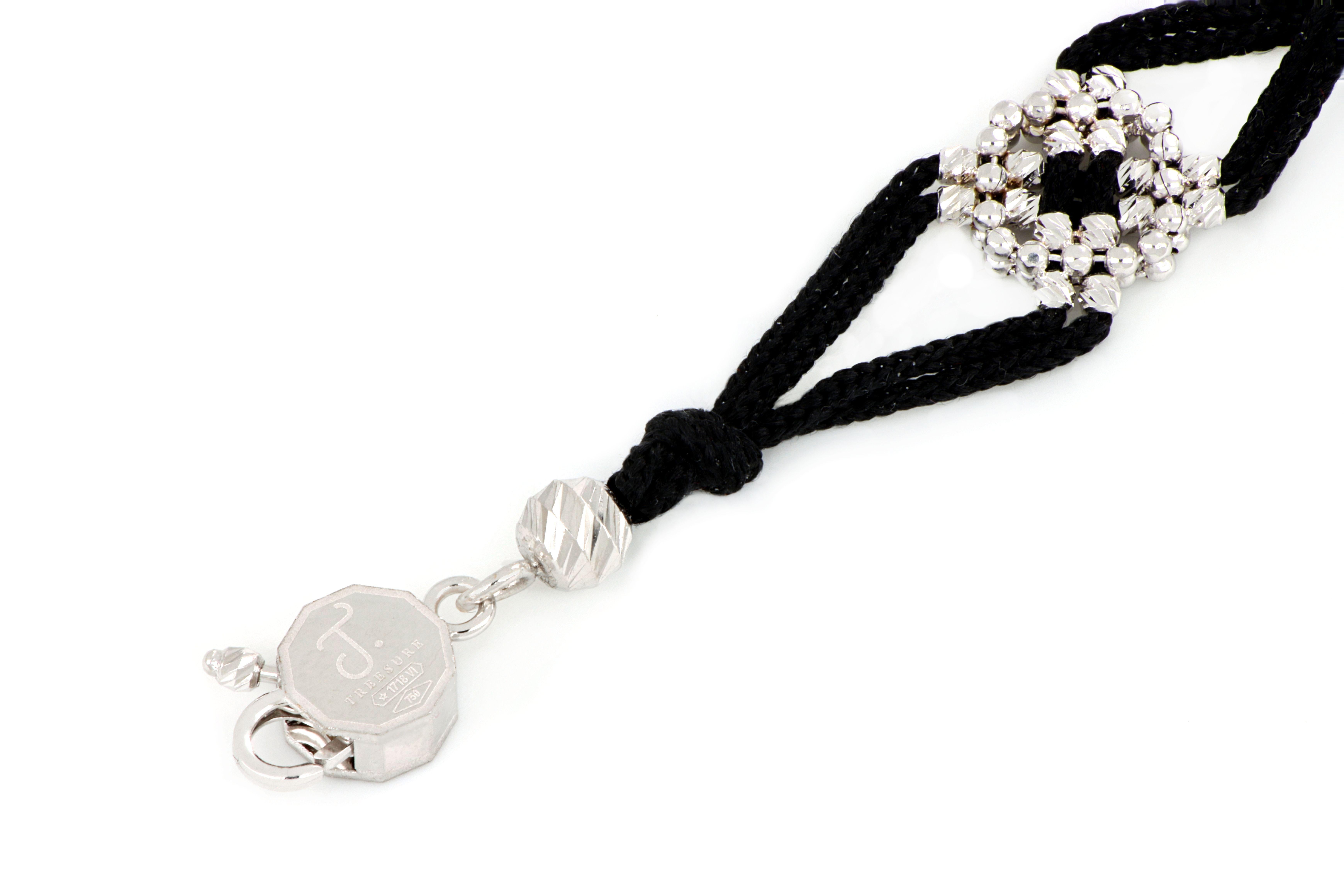 Modern Treesure 18 Kt White Gold and Black Pure Silk Bracelet with Diamond Cutted Beads For Sale