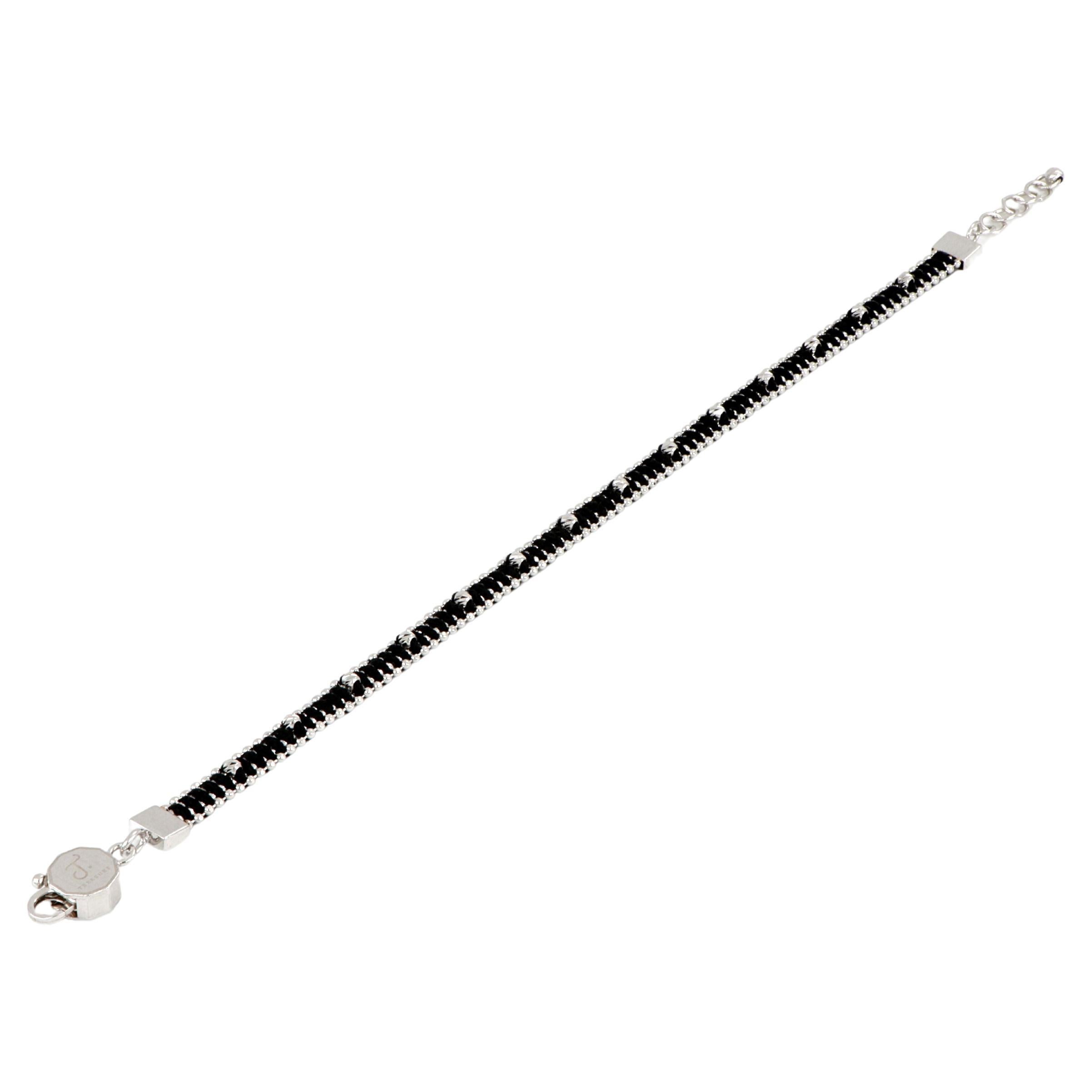 Treesure 18 Kt White Gold and Black Pure Silk Bracelet with Diamond Cutted Beads