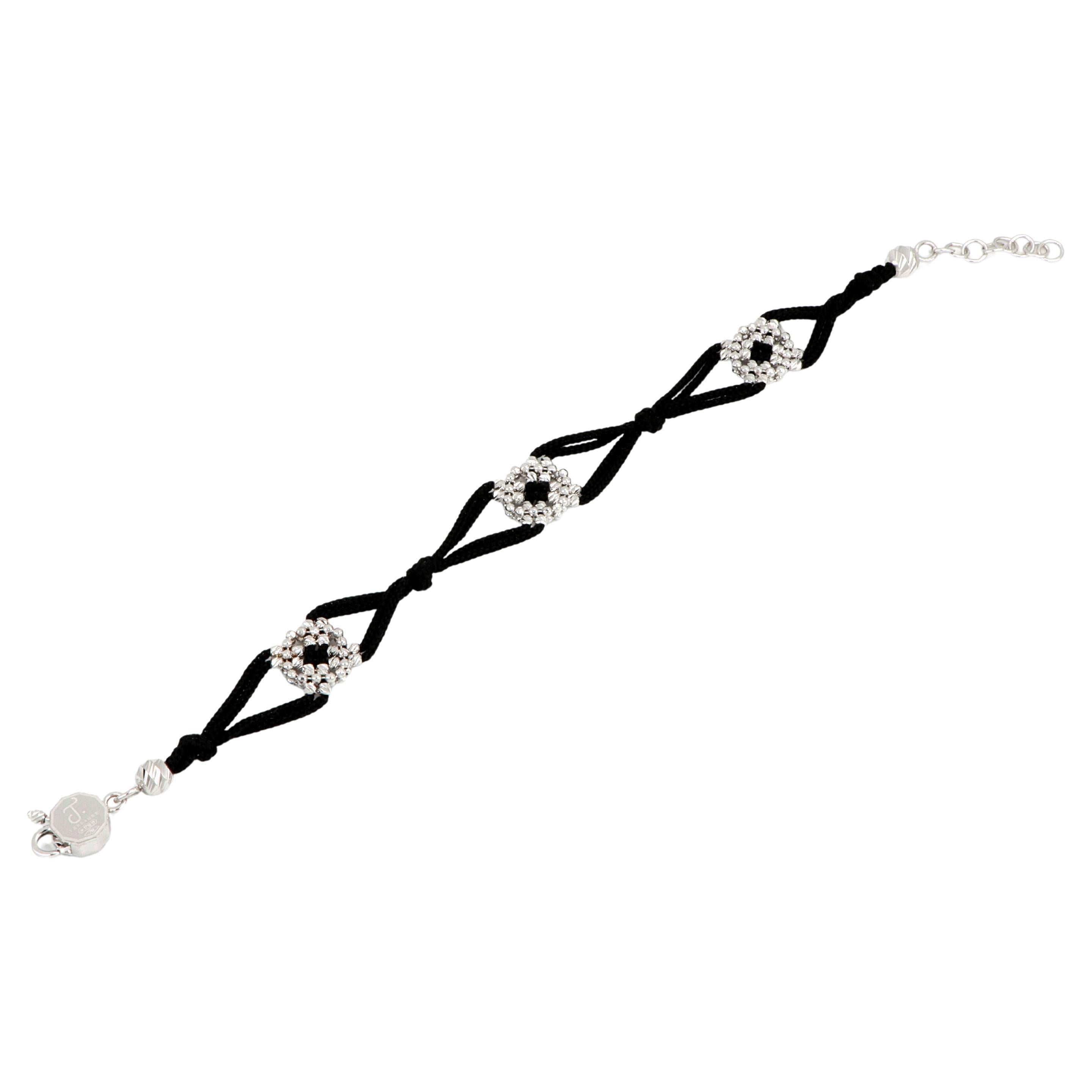 Treesure 18 Kt White Gold and Black Pure Silk Bracelet with Diamond Cutted Beads For Sale