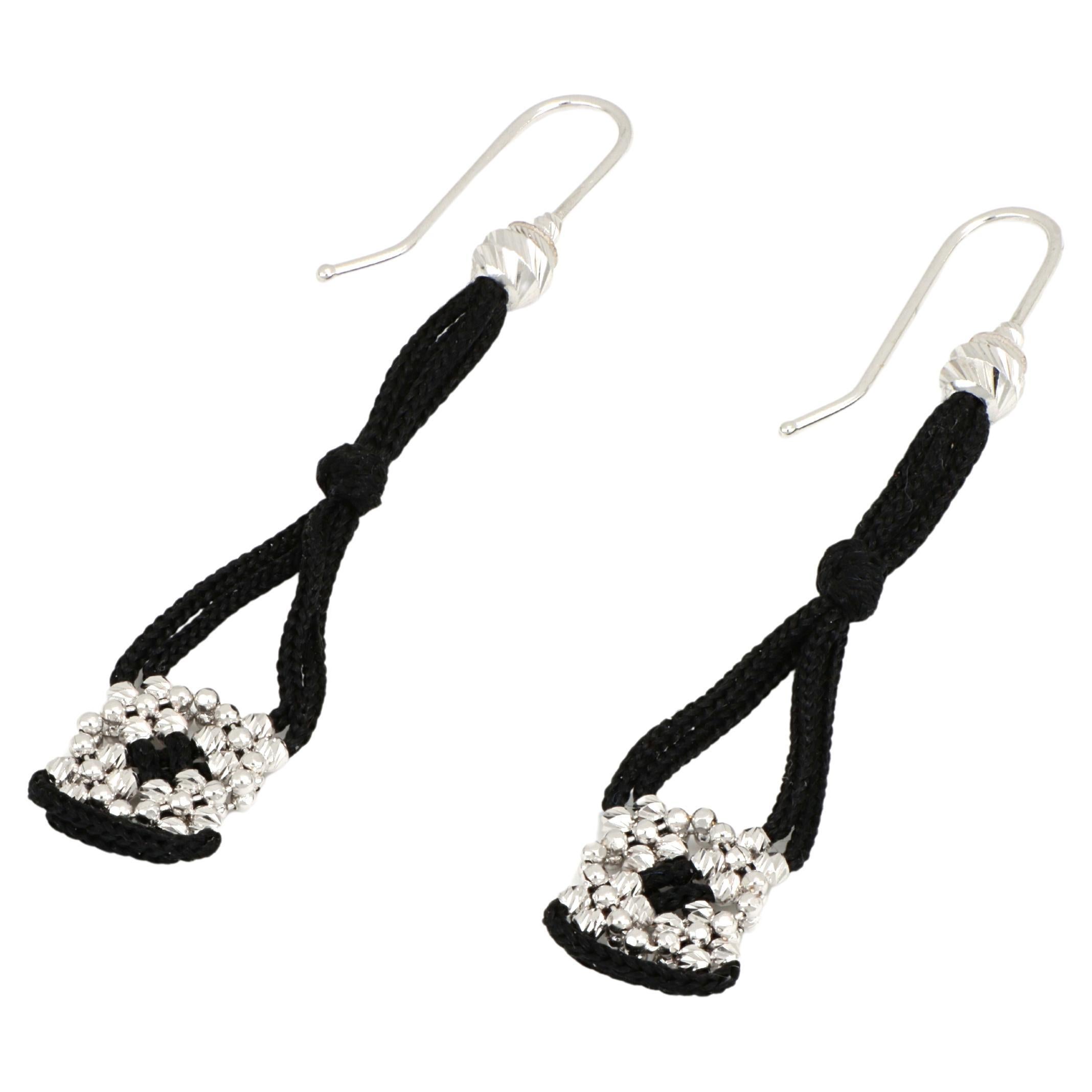 Treesure 18 Kt White Gold and Black Pure Silk Earrings with Diamond Cutted Beads For Sale