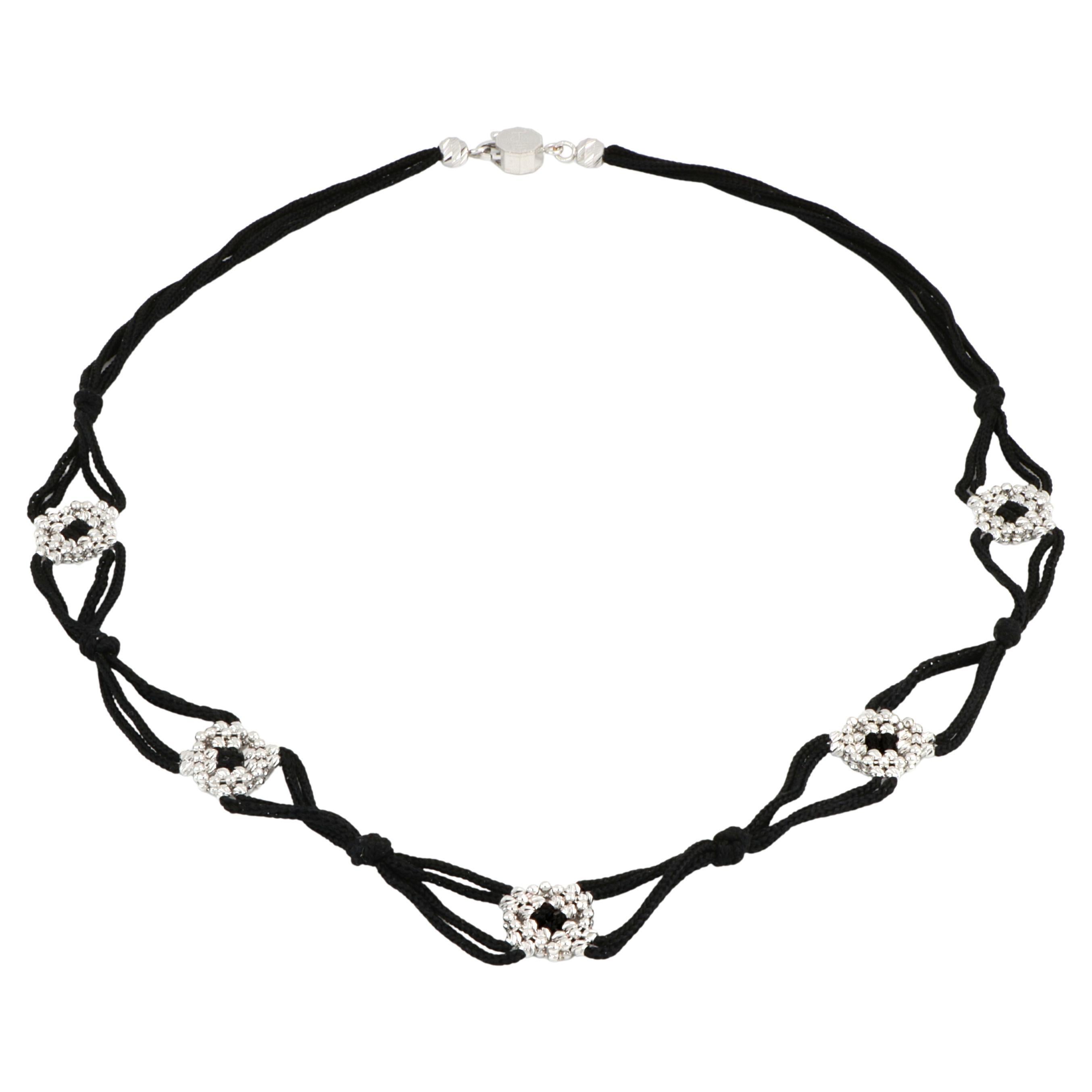 Treesure 18 Kt White Gold and Black Pure Silk Necklace with Diamond Cutted Beads For Sale