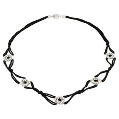 Used Treesure 18 Kt White Gold and Black Pure Silk Necklace with Diamond Cutted Beads