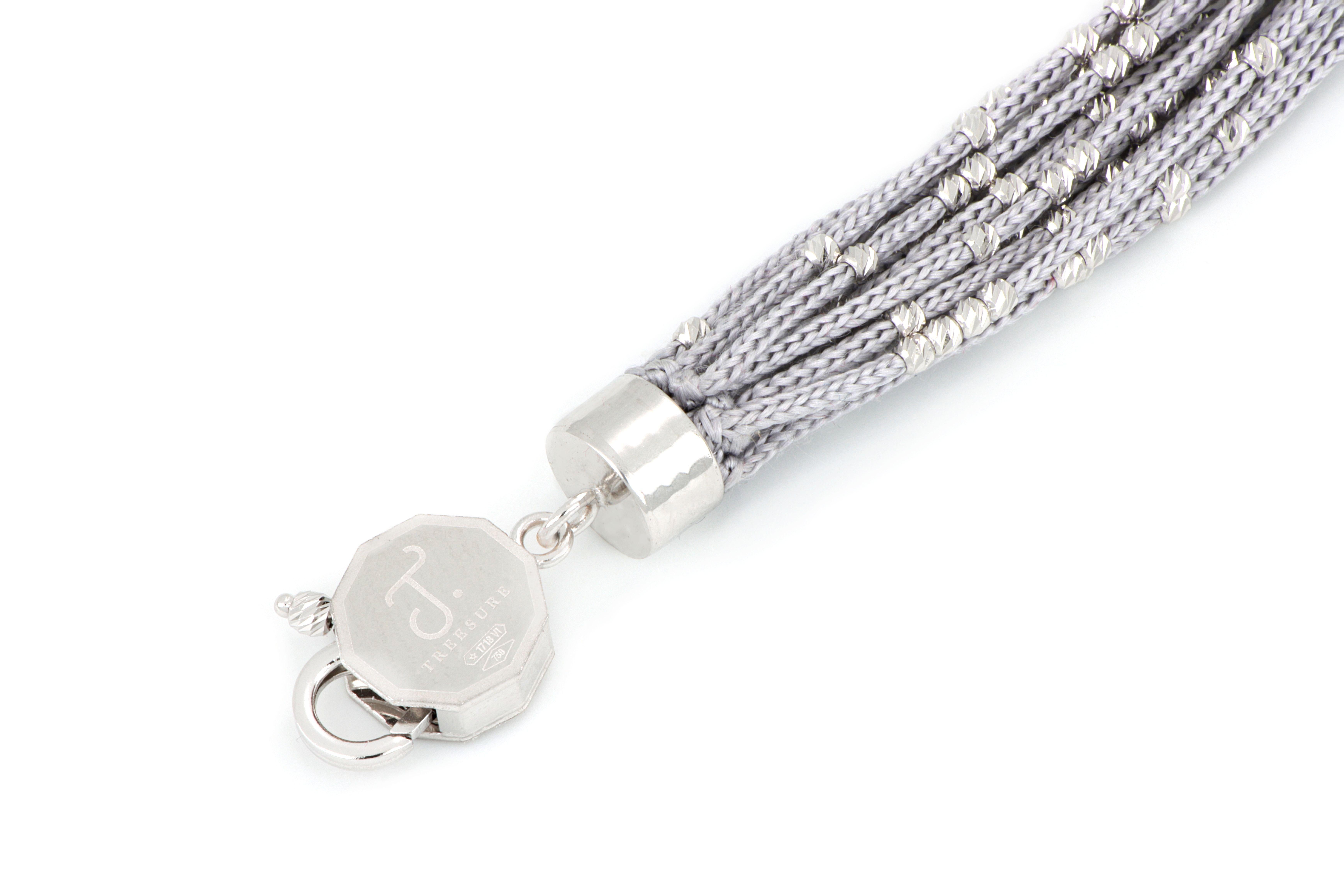 Modern Treesure 18 Kt White Gold and Grey Pure Silk Bracelet with Diamond Cutted Beads For Sale