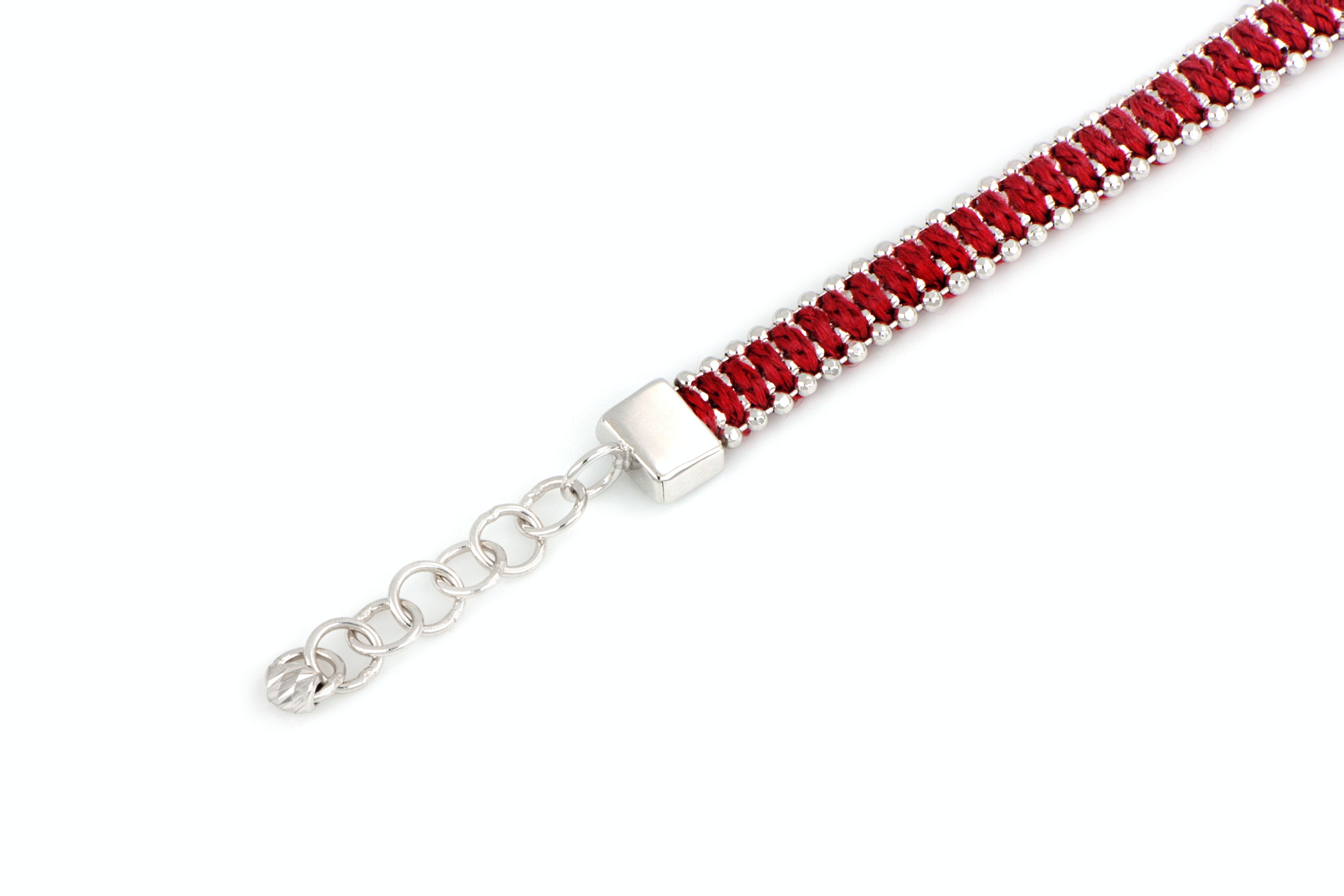 Modern Treesure 18 kt White Gold and red Silk Bracelet Handcrafted in Italy For Sale