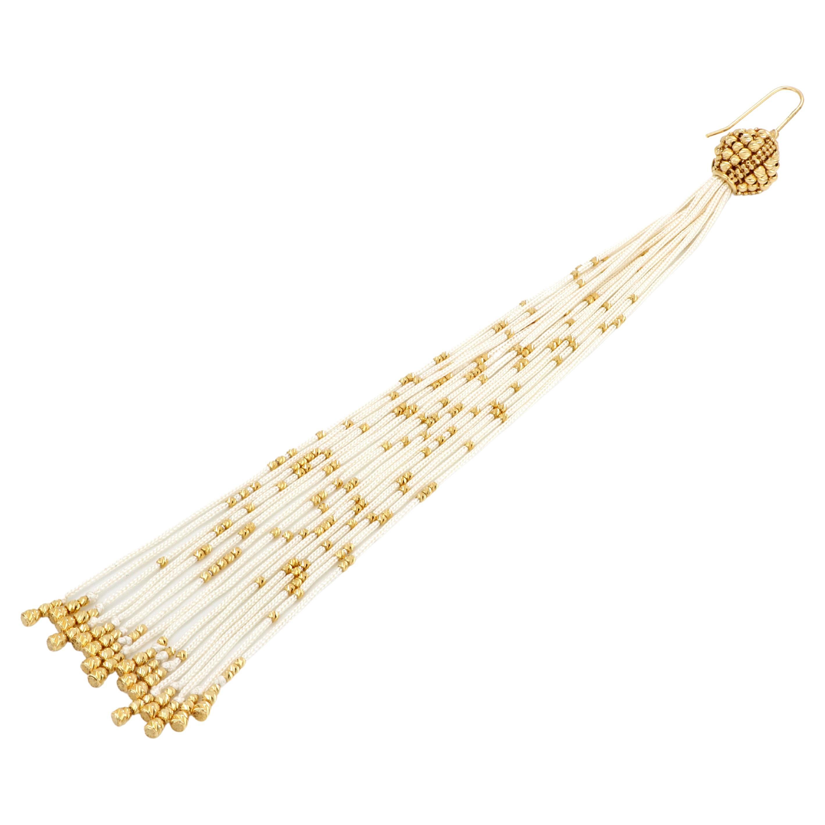 Treesure 18 kt yellow Gold and white Silk long Earring with diamond cutted beads