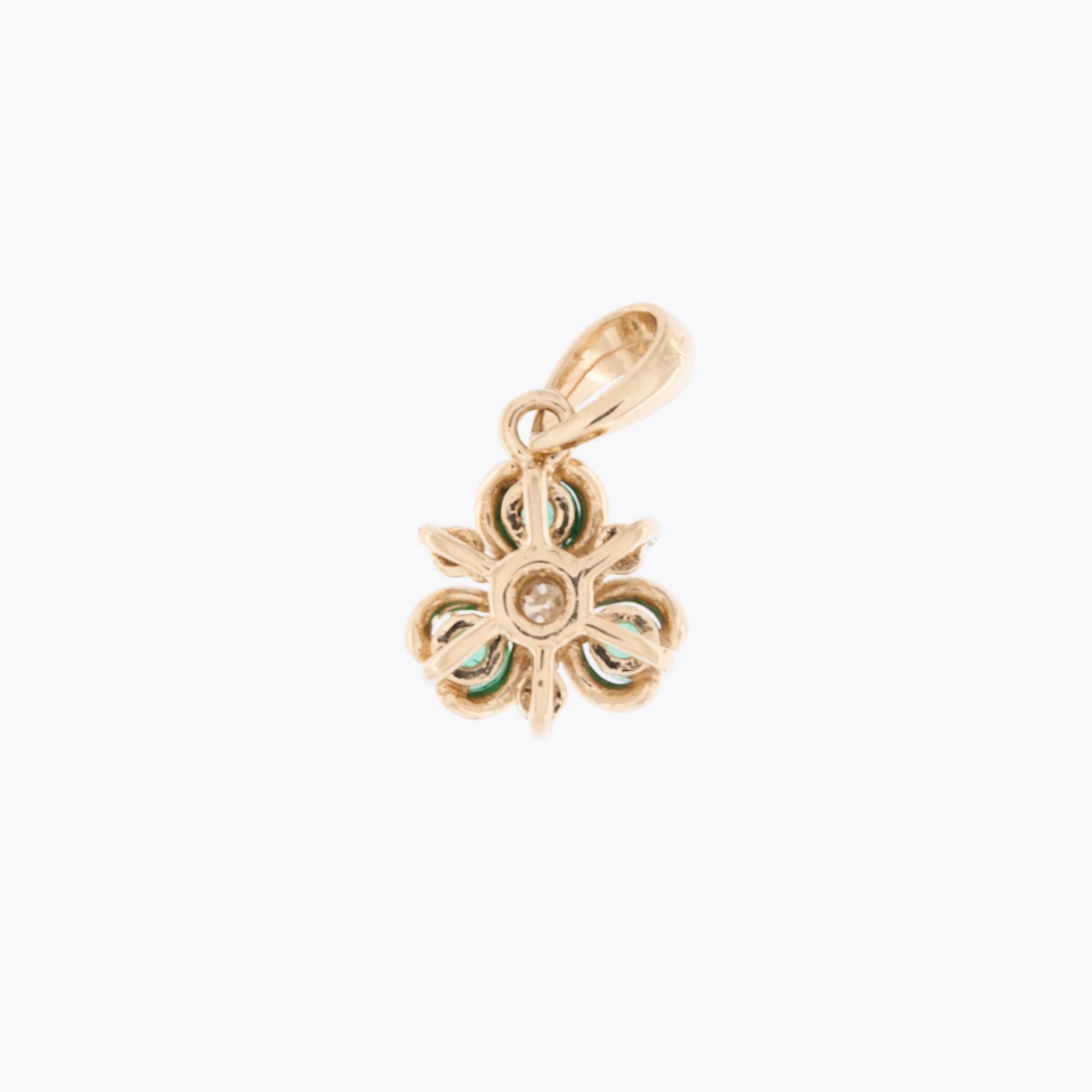 Artisan Trefoil 14kt Yellow Gold Pendant with Diamonds and Emeralds For Sale