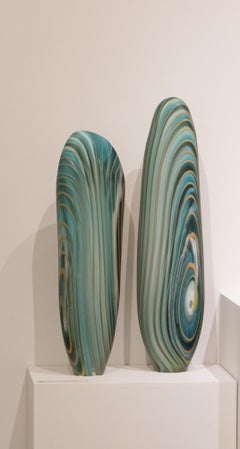 "Blue Mahoe Driftwood Pair"  elegant teal glass sculpture