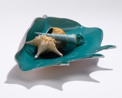 "Lagoon Shell Platter" a mystical, aqua and white clamshell glass sculpture