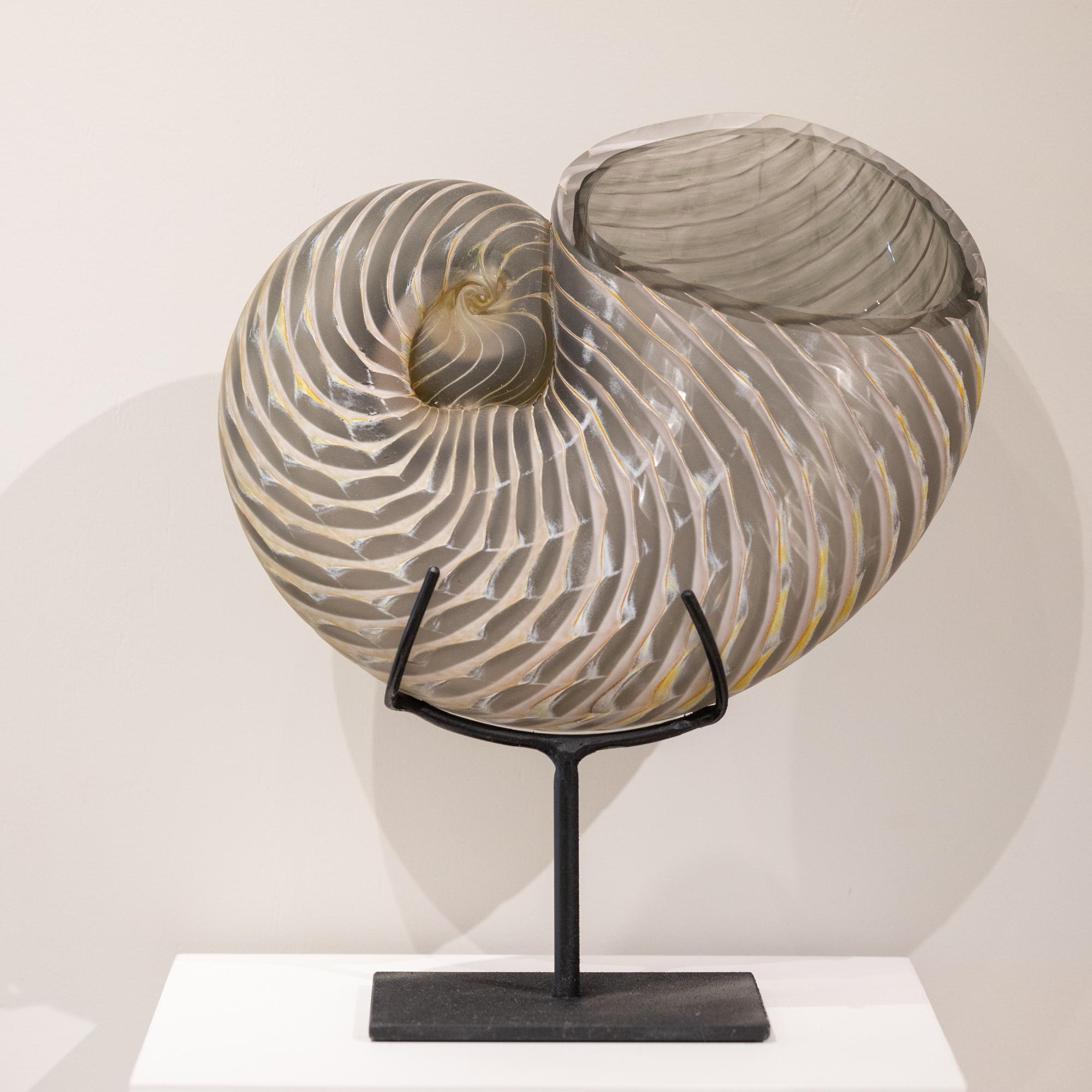 Treg Silkwood Still-Life Sculpture - "Smokey Grey Nautilus" An Elegant and Intricate Nautilus Shell Glass Sculpture