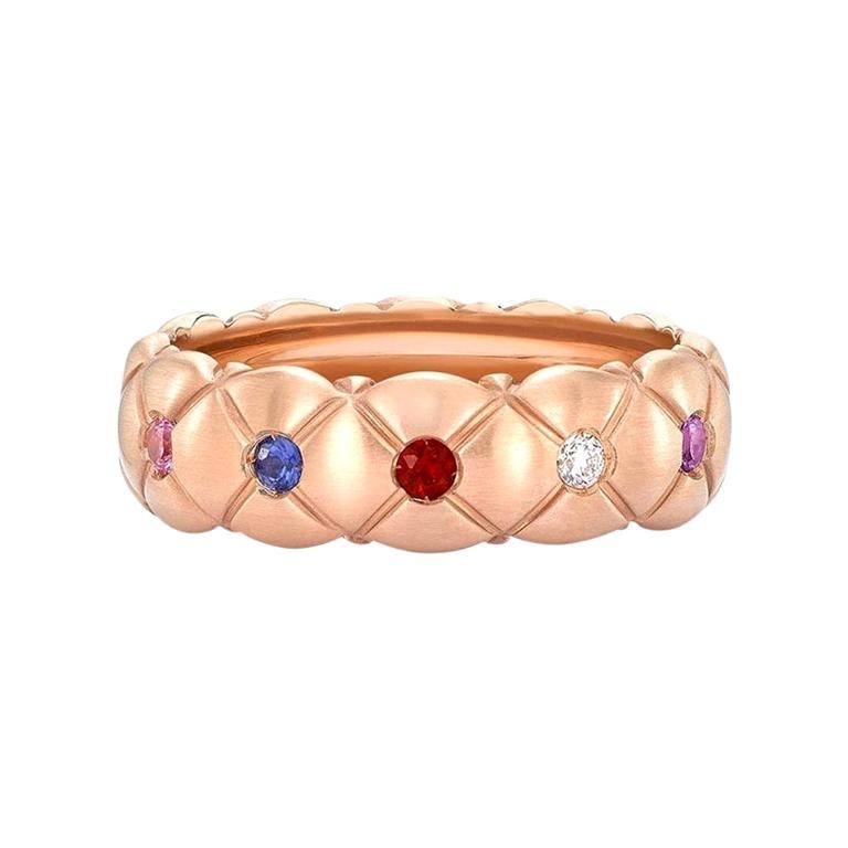 For Sale:  Fabergé Treillage 18k Brushed Gold Diamond & Multicolour Gemstone Quilted Ring