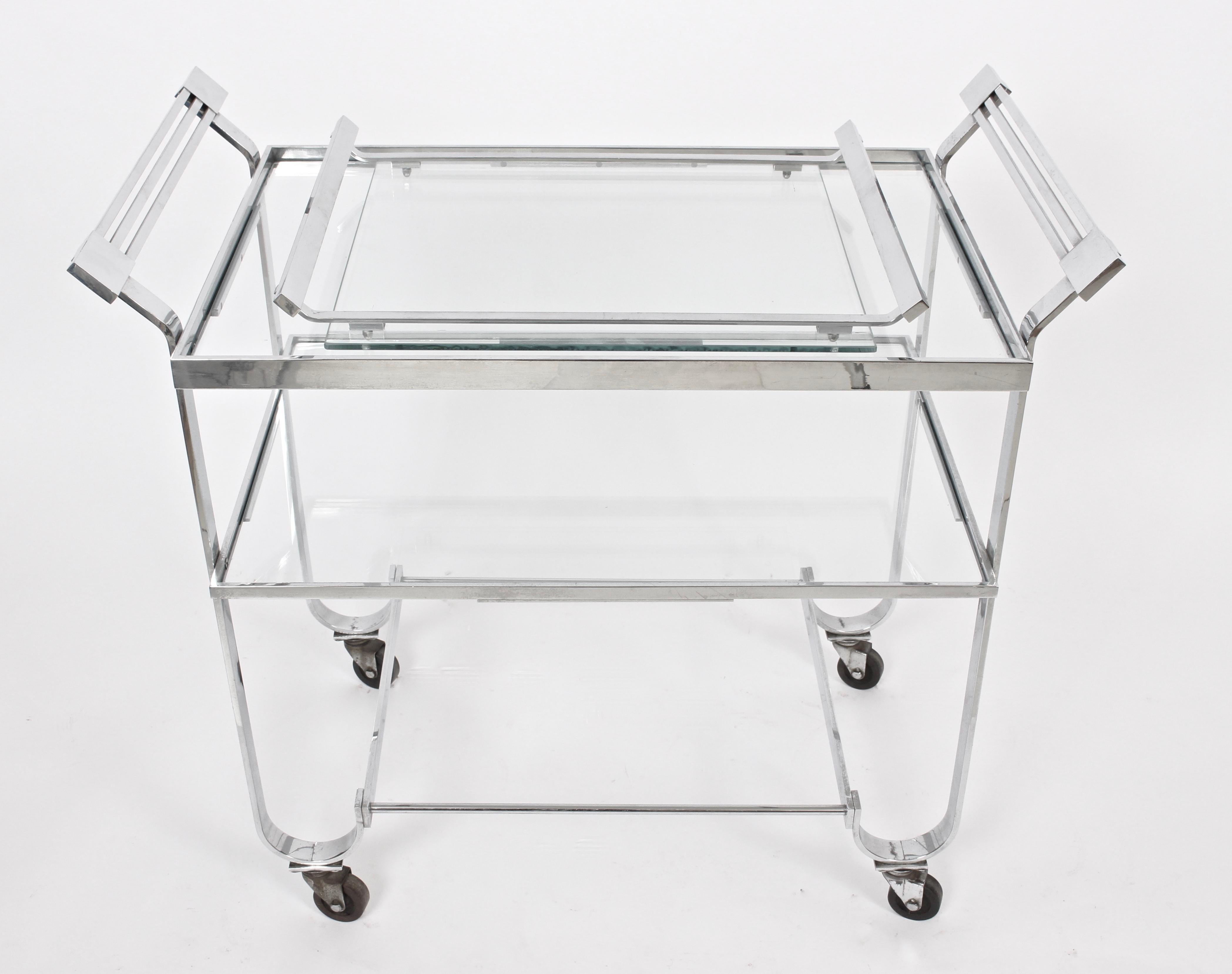 Art Deco Treitel-Gratz Chrome-Plate and Glass Machine Age Rolling Cart, 1930s