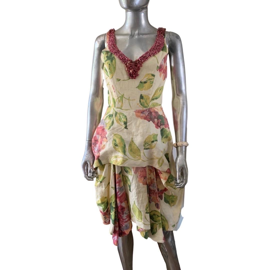Trelise Cooper Stone Embellished Draped Floral Linen Dress NWT Size 6 In Excellent Condition In Palm Springs, CA
