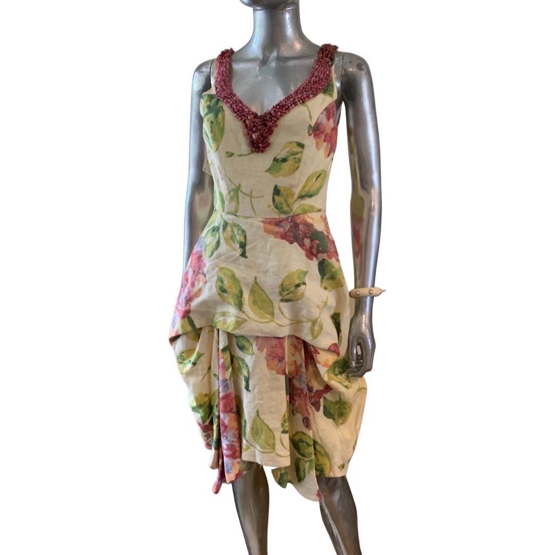 Trelise Cooper Stone Embellished Draped Floral Linen Dress NWT Size 6 1
