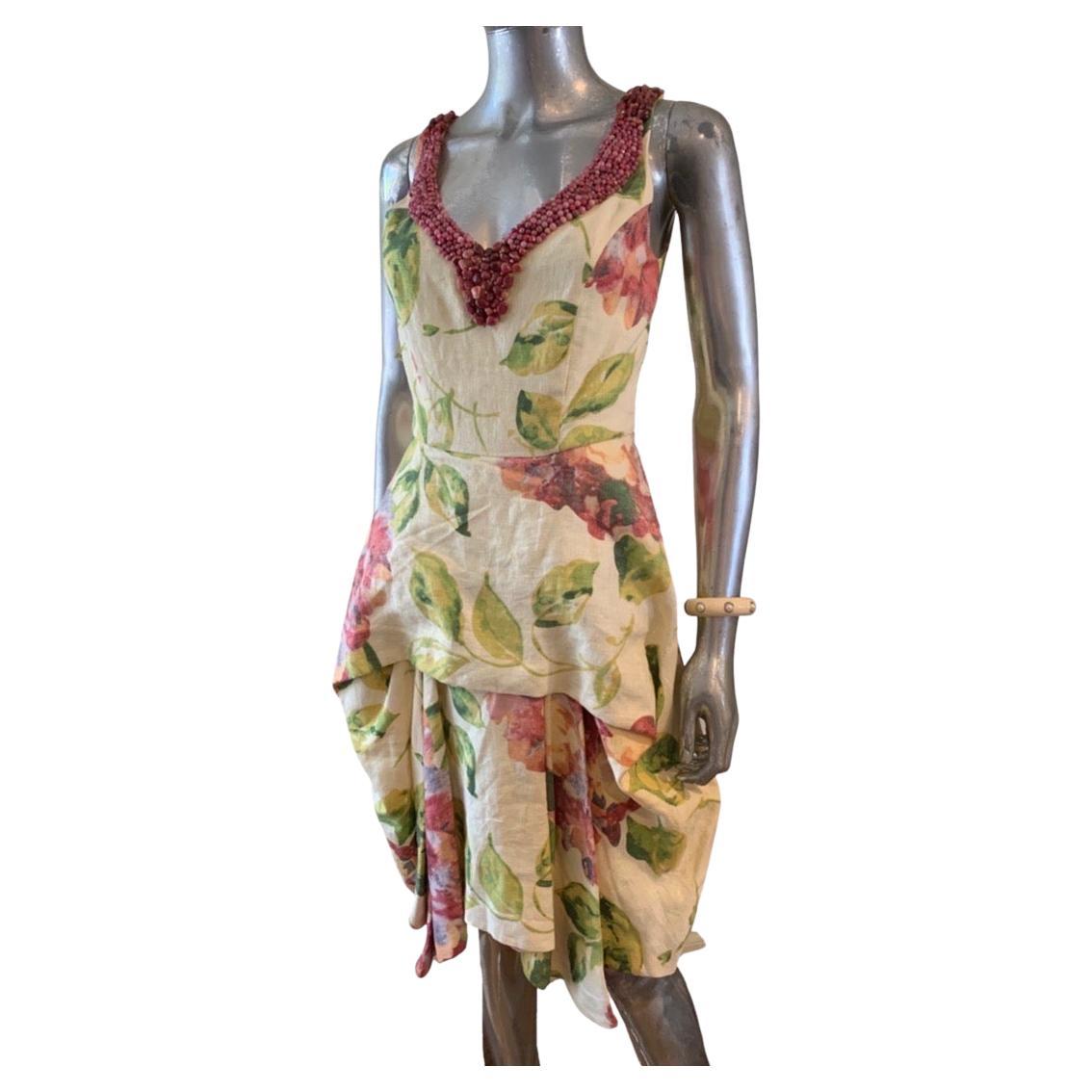 Trelise Cooper Stone Embellished Draped Floral Linen Dress NWT Size 6